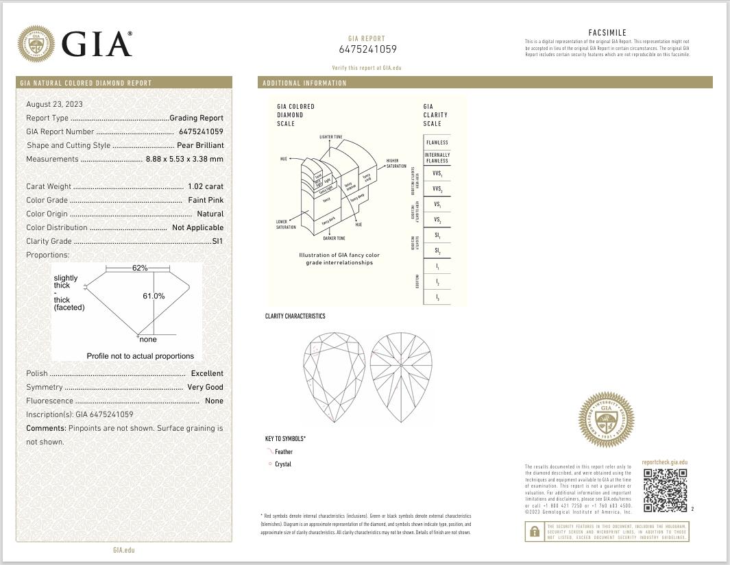 GIA Certified 1.02 Carat Faint Pink SI1 Clarity Diamond For Sale 1