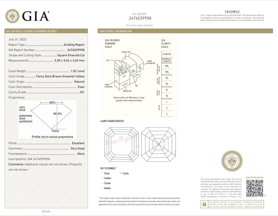 Diamante certificato GIA da 1,02 carati di colore marrone scuro, giallo verdastro, purezza SI1 in vendita 1