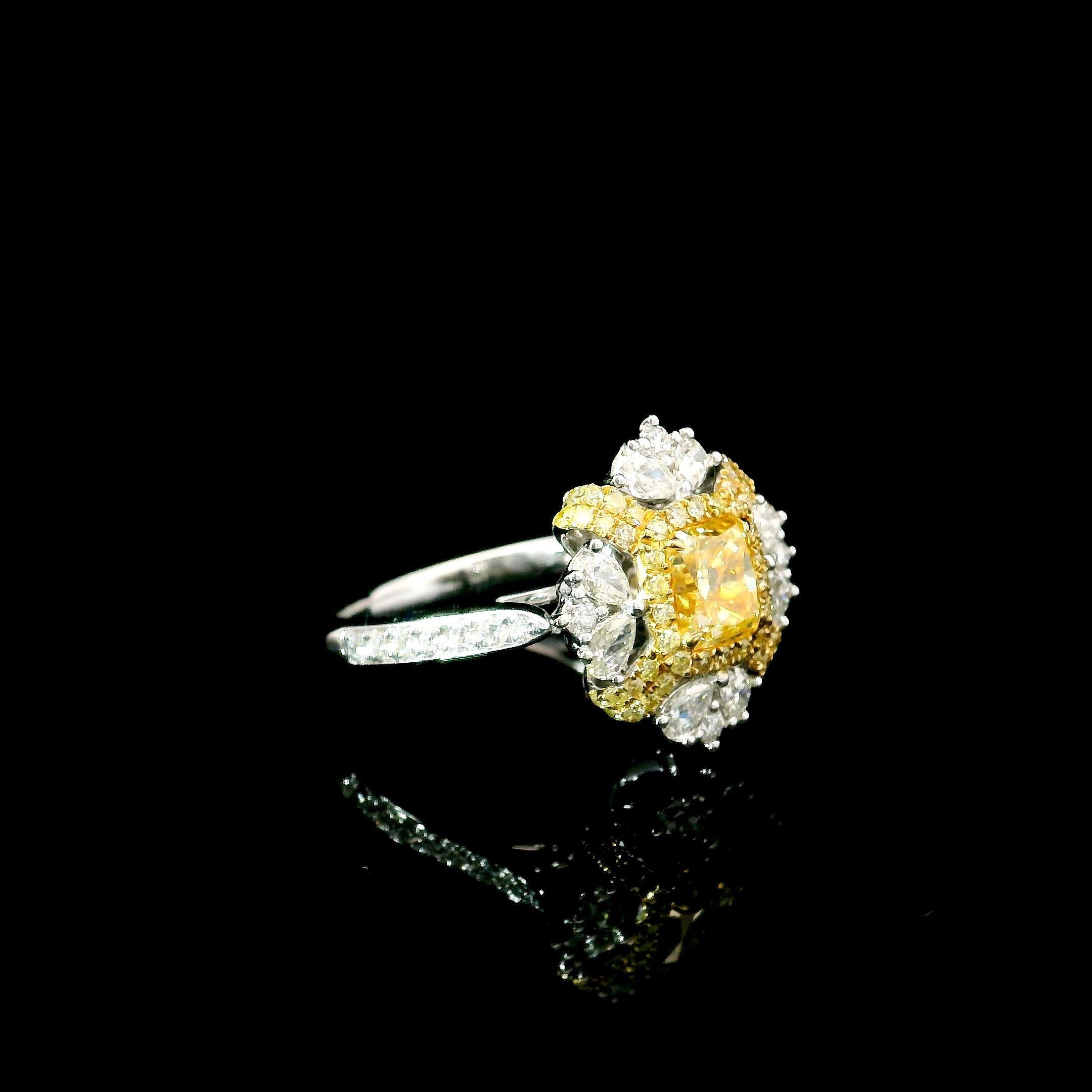 Radiant Cut GIA Certified 1.02 Carat Fancy Intense Yellow I1 Clarity Diamond Ring For Sale