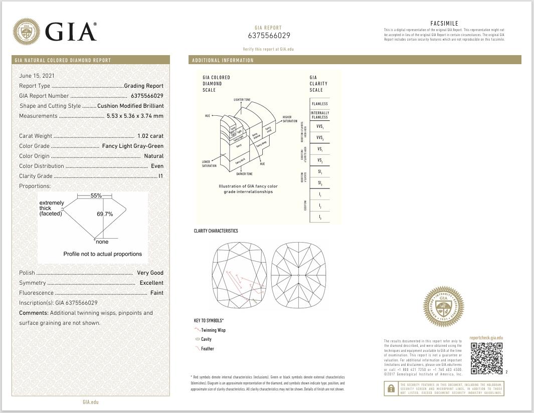 Diamante certificato GIA da 1,02 carati Fancy Light Gray Green con purezza I1 in vendita 1
