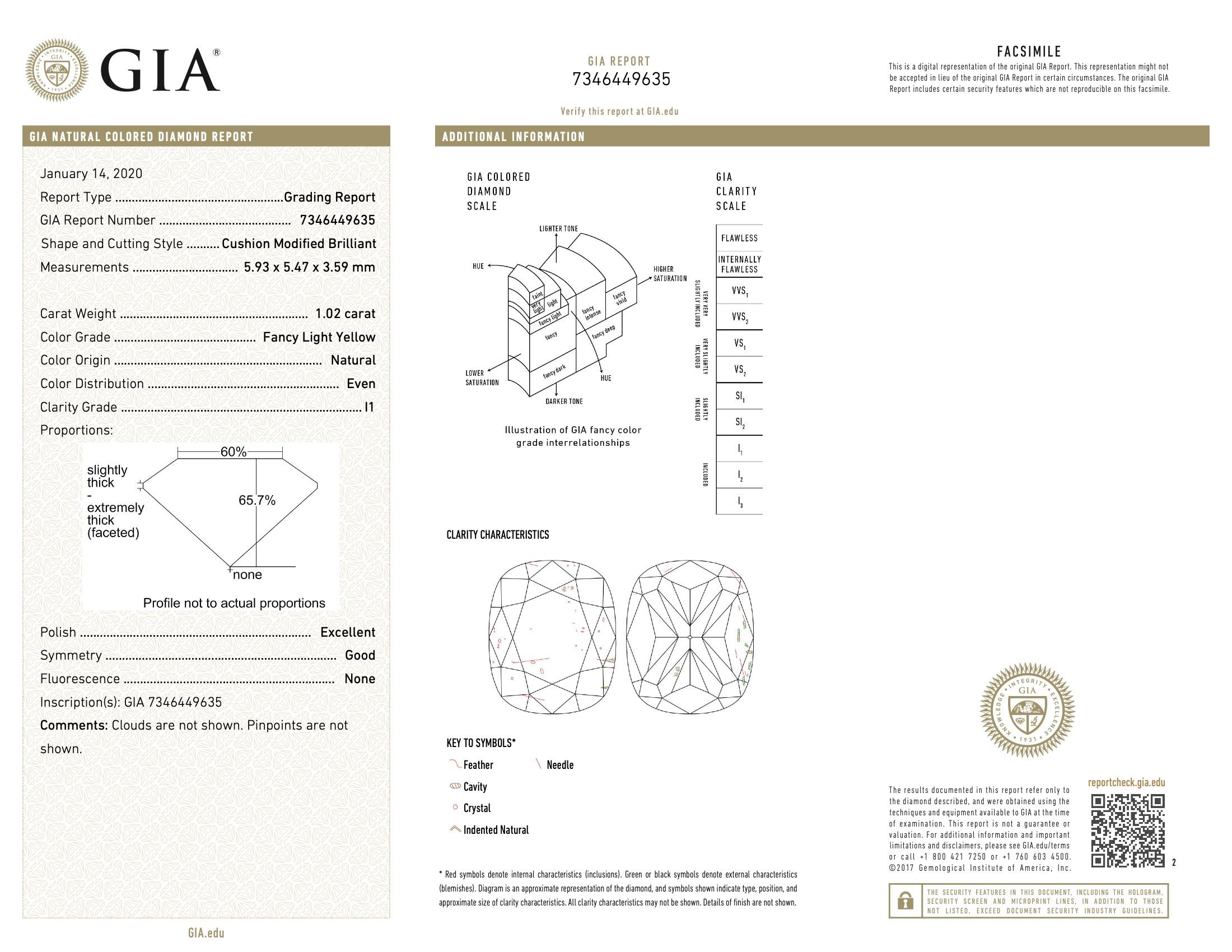 Cushion Cut GIA Certified 1.02 Carat Fancy Light Yellow Diamond Ring For Sale