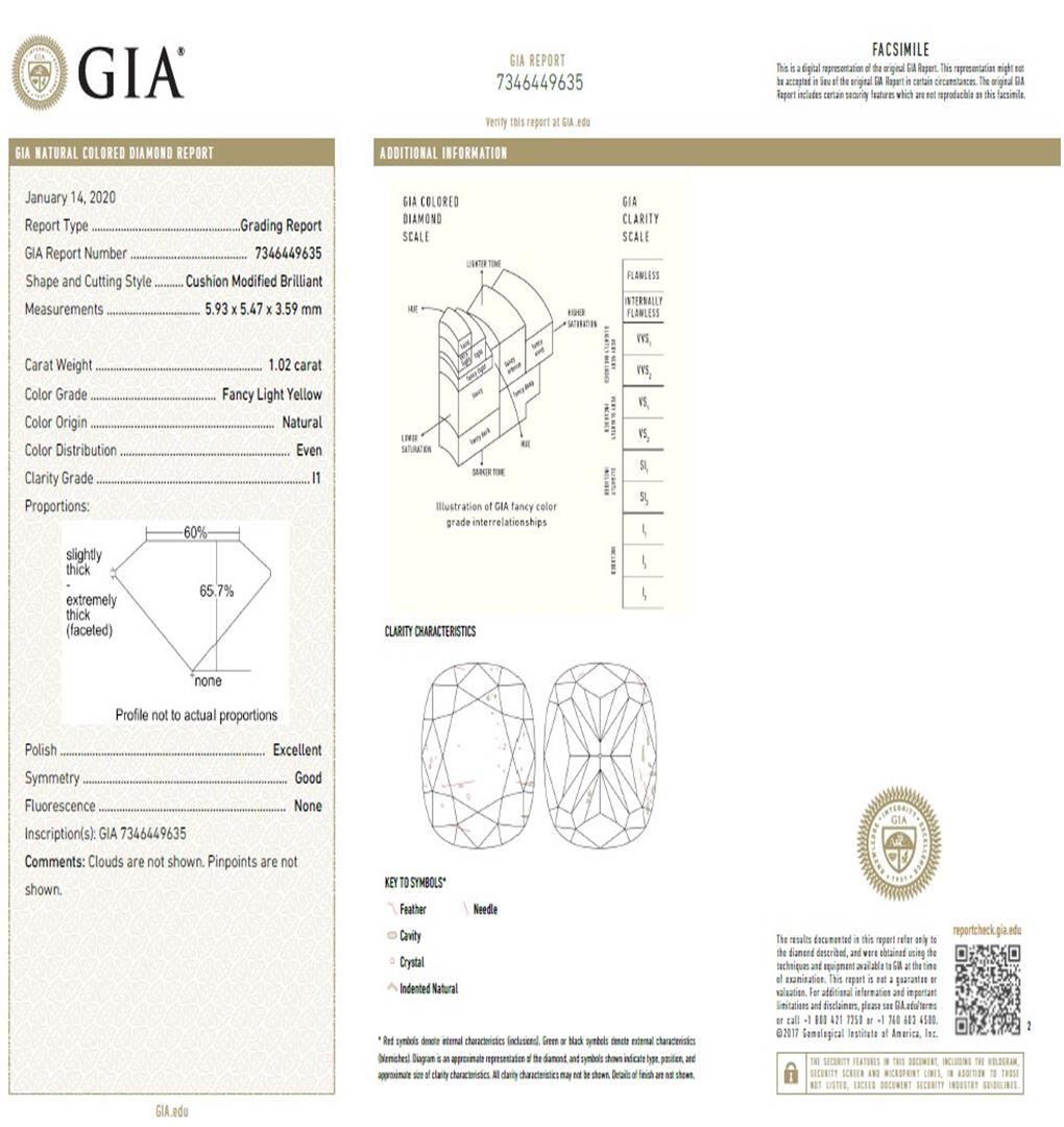 Bague en diamant jaune clair de 1,02 carat de pureté I1 certifiée par le GIA en vente 1