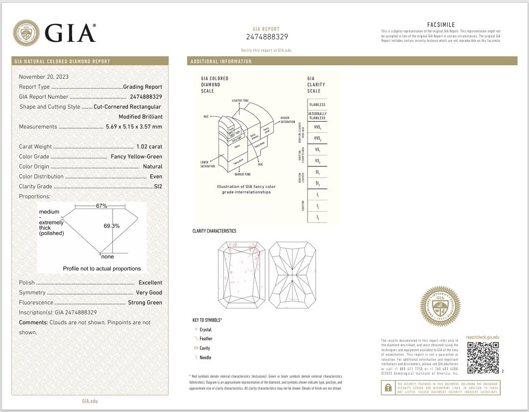 GIA Certified 1.02 Carat Fancy Yellow Green SI2 Clarity Diamond For Sale 1