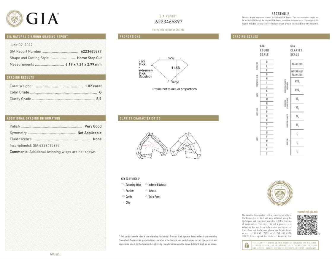 GIA-zertifiziert 1,02 Karat Pferd Stufenschliff G Farbe SI1 Reinheit Natürlicher Diamant im Zustand „Neu“ im Angebot in New York, NY