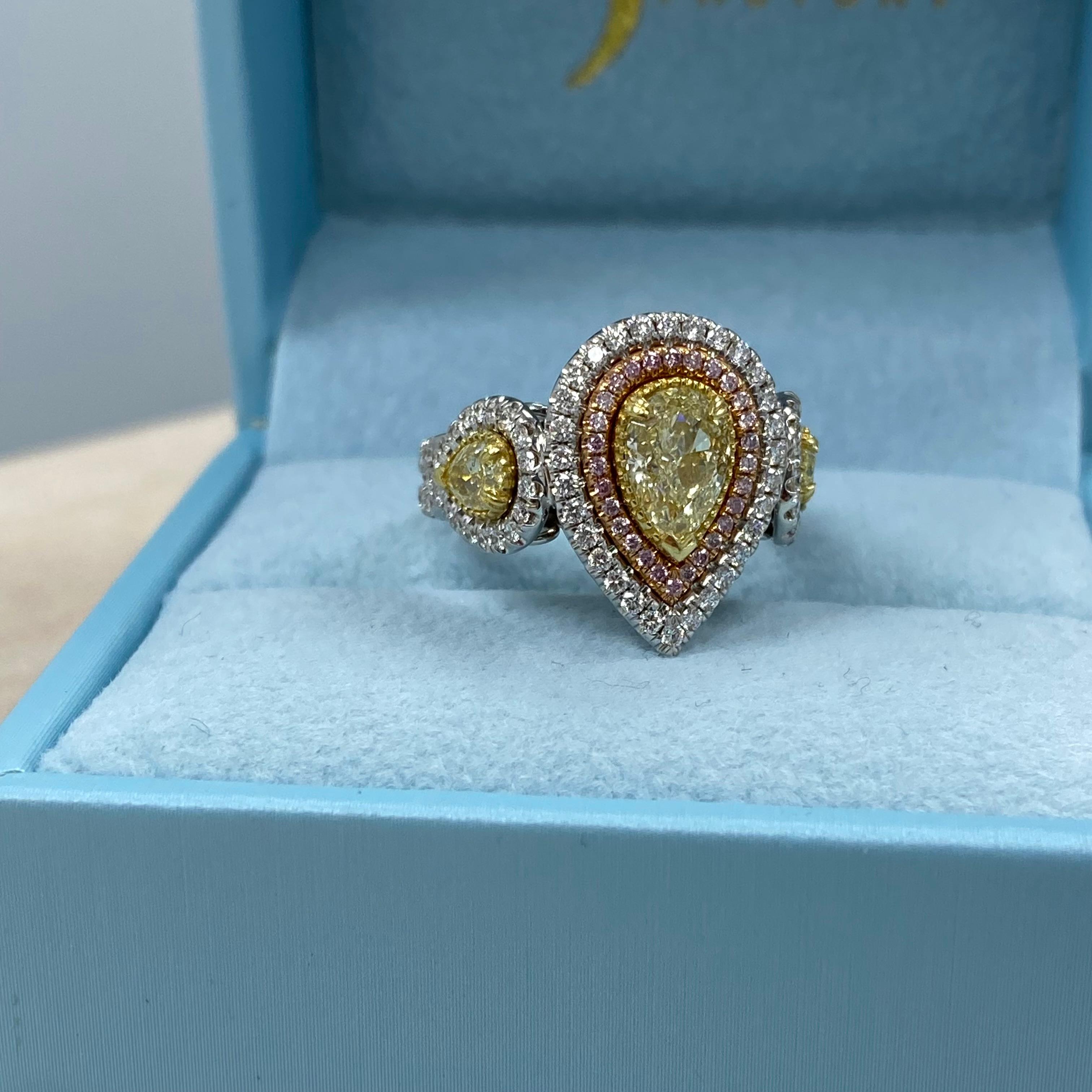 GIA Certified 1.02 Carat Light Yellow Pear Shaped Diamond Halo Engagement Ring For Sale 4