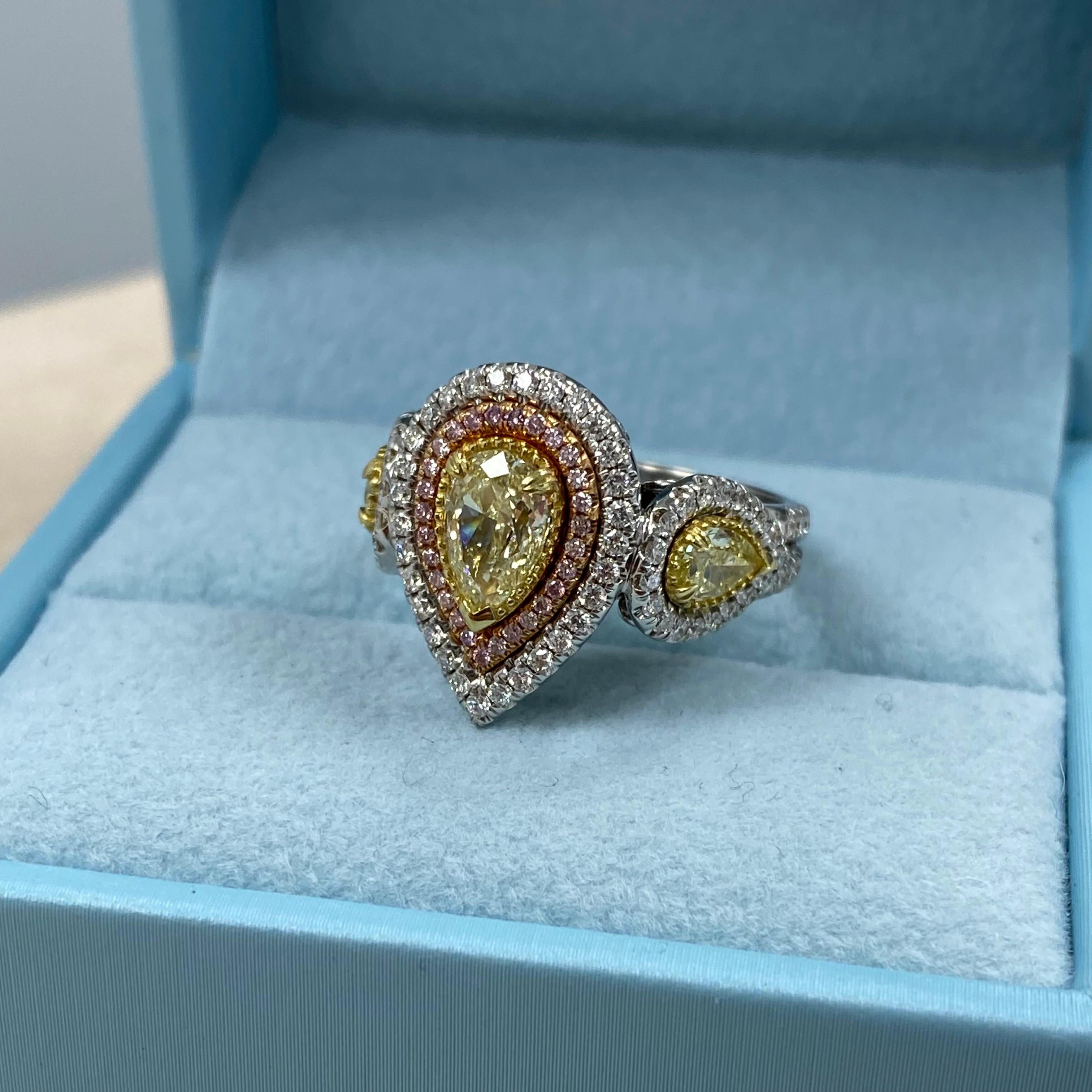 GIA Certified 1.02 Carat Light Yellow Pear Shaped Diamond Halo Engagement Ring For Sale 5