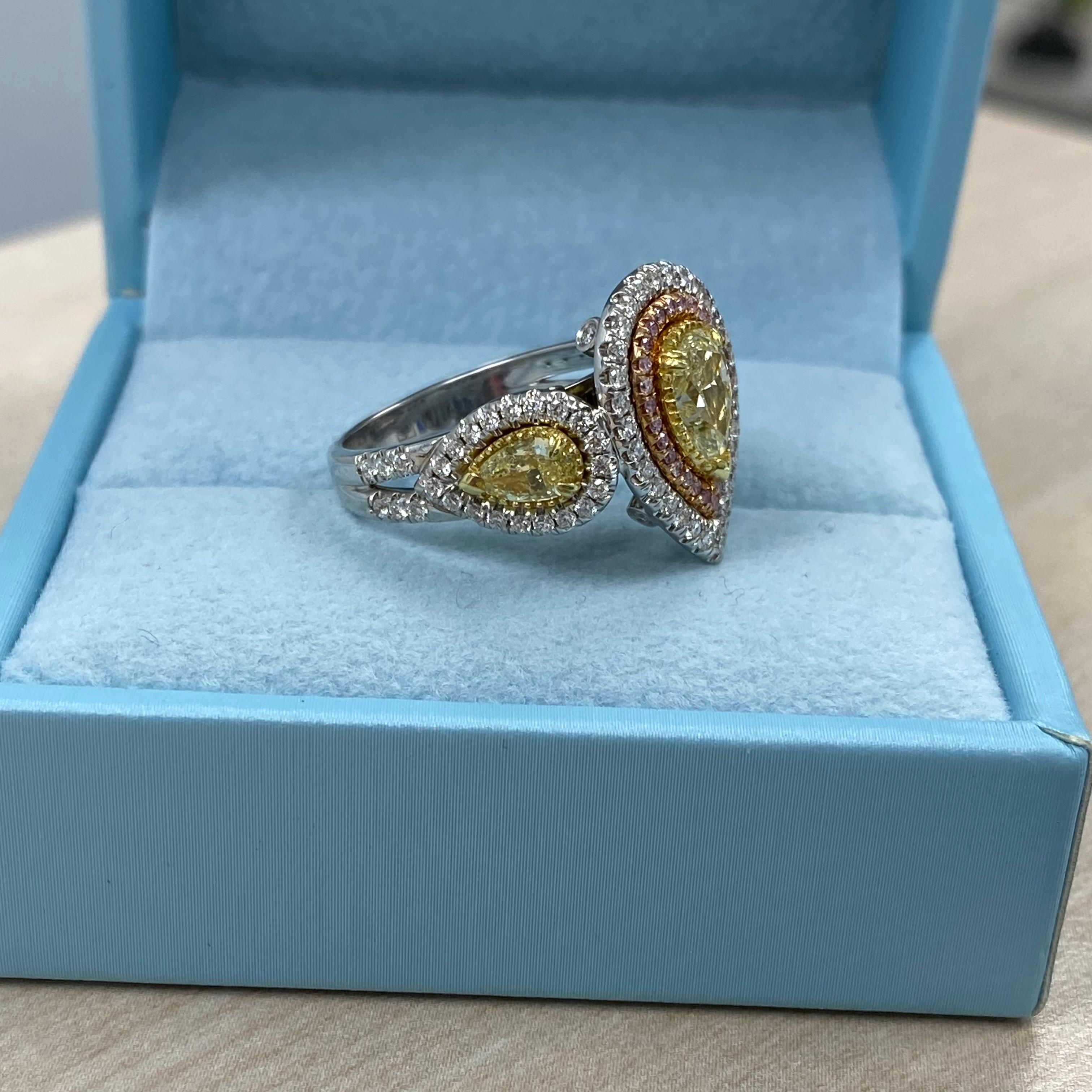 GIA Certified 1.02 Carat Light Yellow Pear Shaped Diamond Halo Engagement Ring For Sale 6
