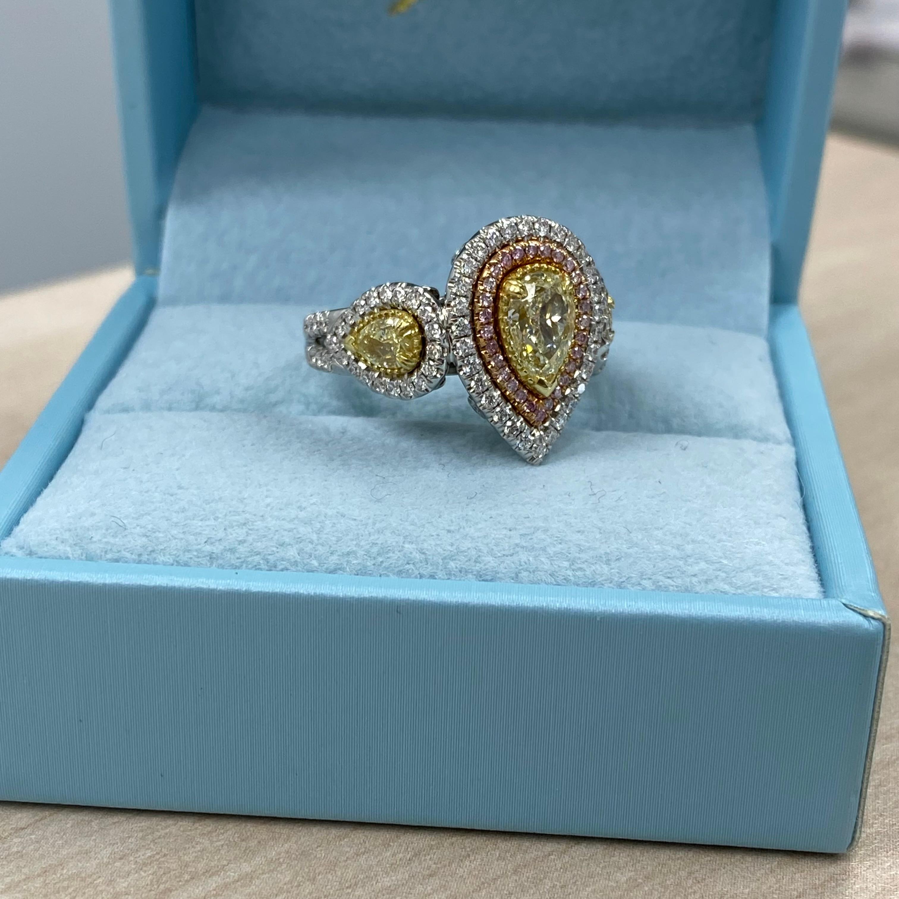 GIA Certified 1.02 Carat Light Yellow Pear Shaped Diamond Halo Engagement Ring For Sale 7