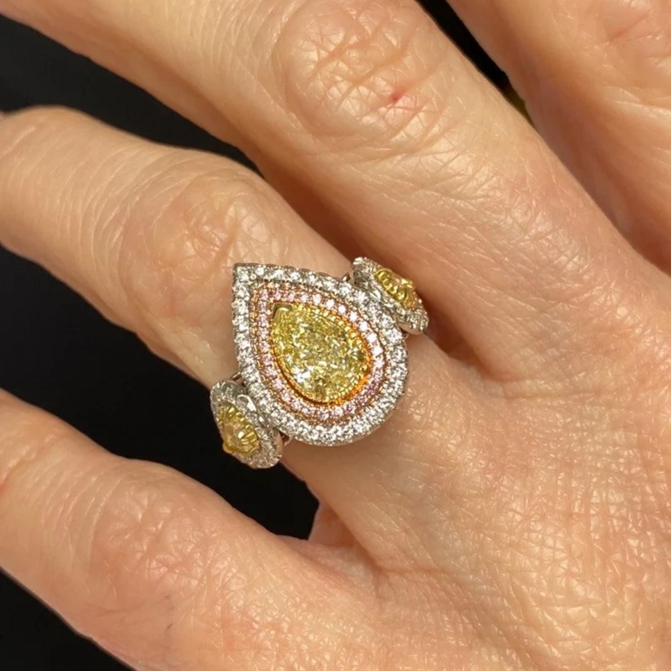 GIA Certified 1.02 Carat Light Yellow Pear Shaped Diamond Halo Engagement Ring In New Condition For Sale In New York, NY