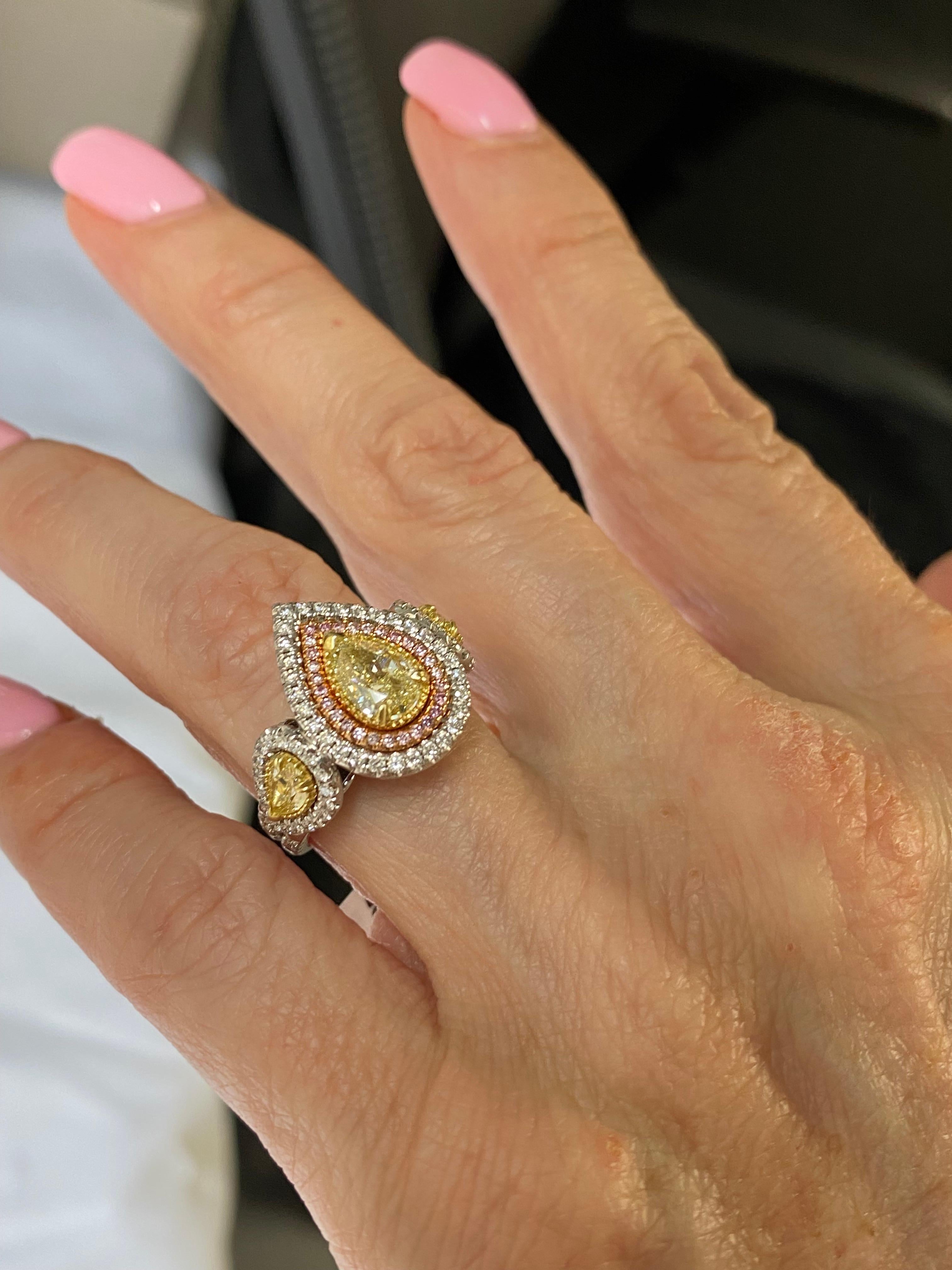 GIA Certified 1.02 Carat Light Yellow Pear Shaped Diamond Halo Engagement Ring For Sale 1