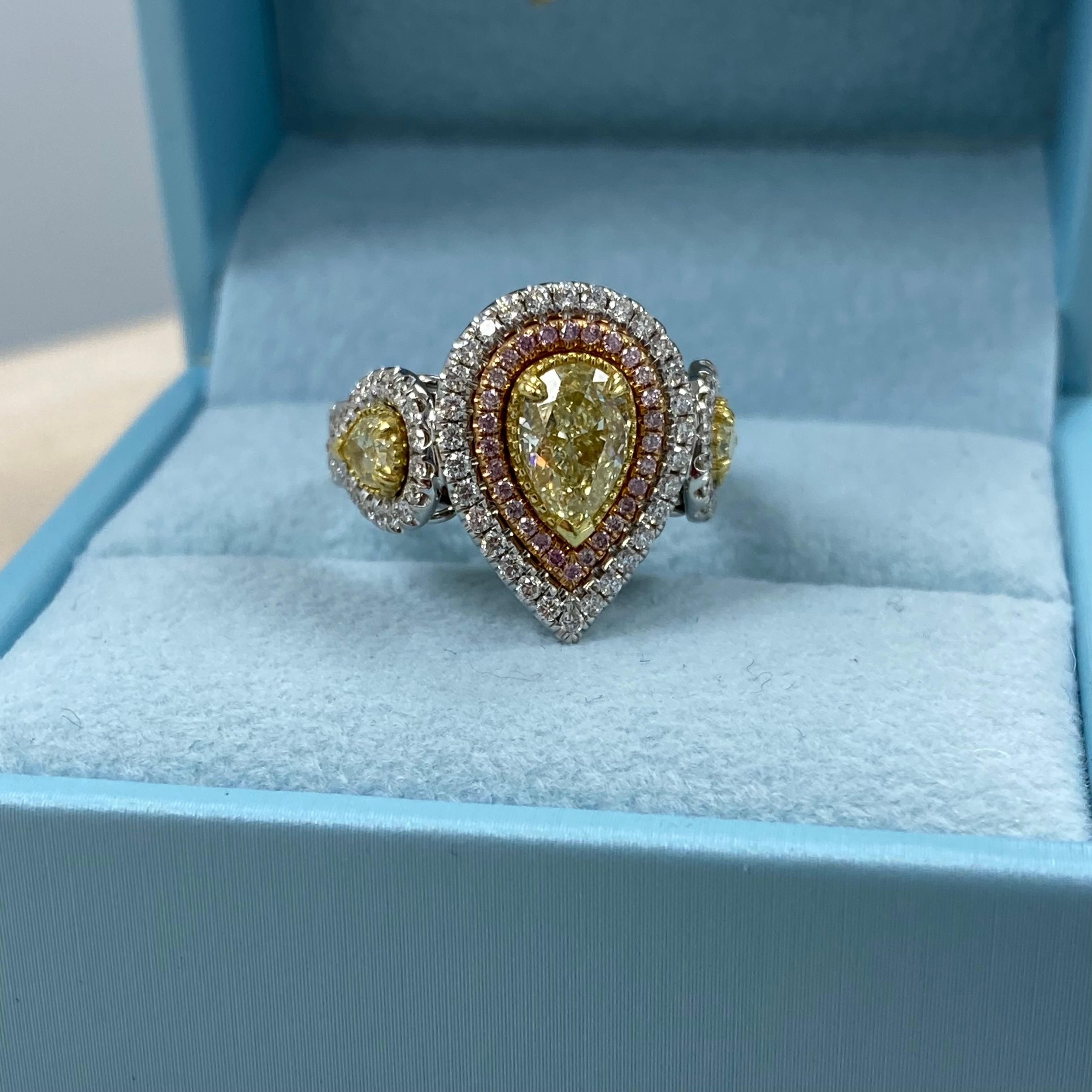 GIA Certified 1.02 Carat Light Yellow Pear Shaped Diamond Halo Engagement Ring For Sale 3