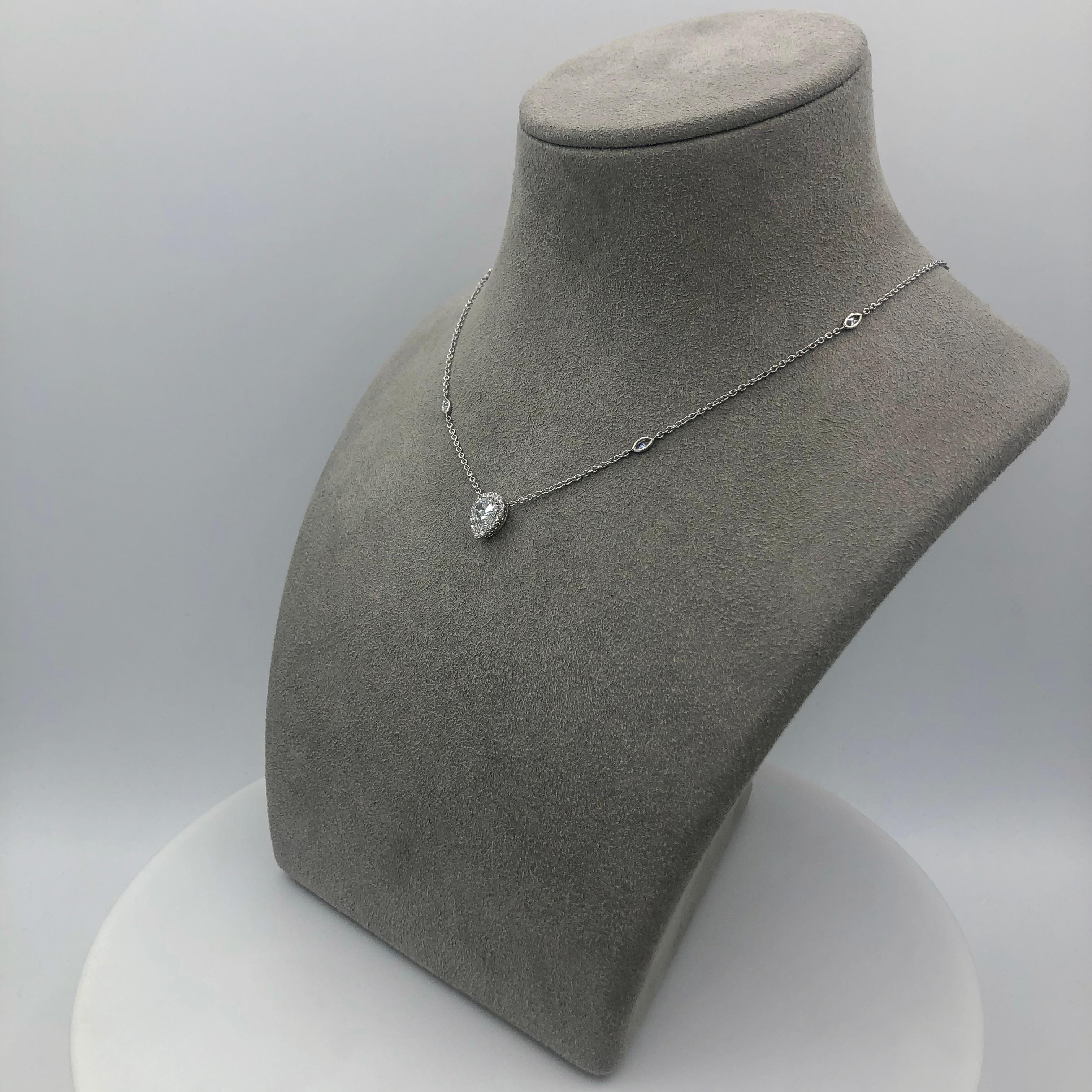 Women's Roman Malakov, GIA Certified 1.02 Carat Pear Shape Diamond Halo Pendant Necklace For Sale