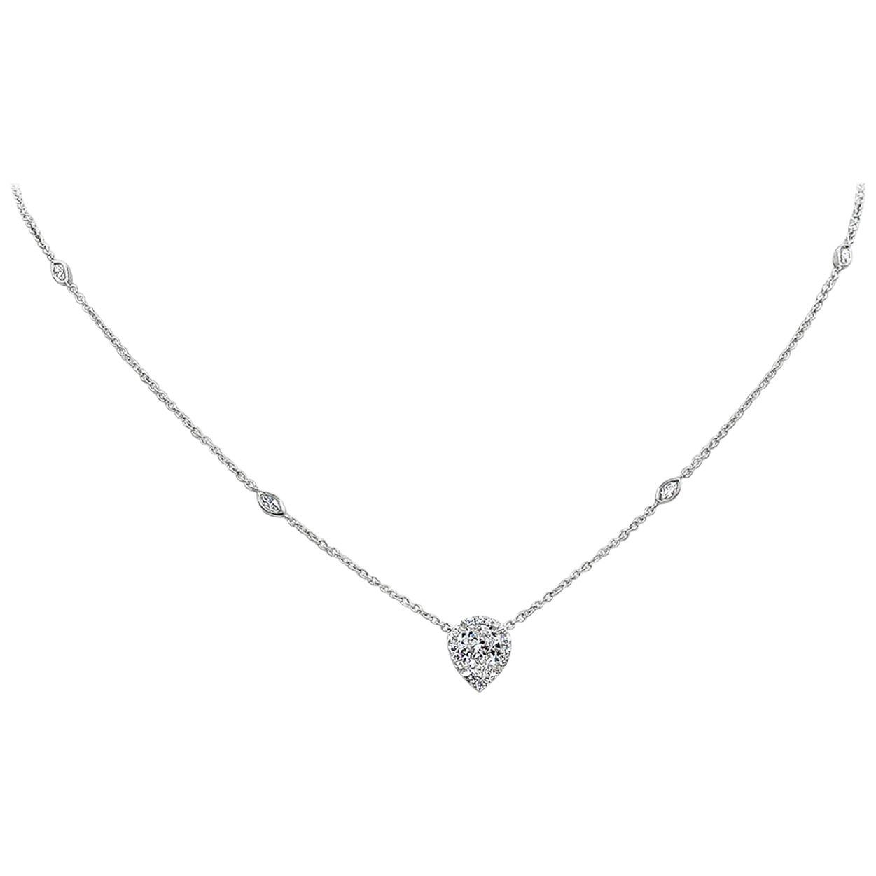 Roman Malakov, GIA Certified 1.02 Carat Pear Shape Diamond Halo Pendant Necklace For Sale