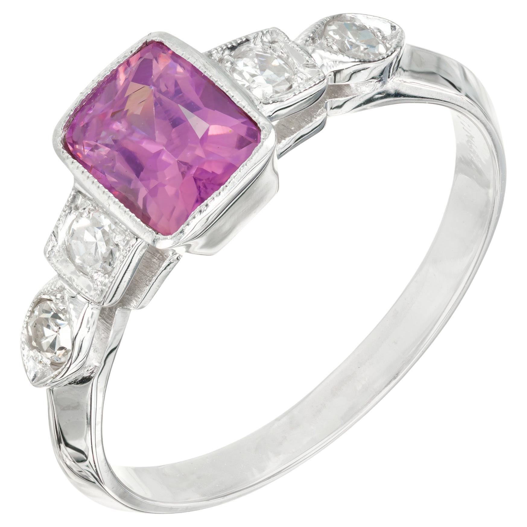 GIA Certified 1.02 Carat Pink Sapphire Diamond Art Deco Platinum Engagement Ring For Sale
