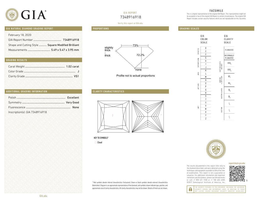 Contemporain Bague à diamant certifiée GIA de 1,02 carat Princesse Solitaire Trellis Prong Platinum en vente