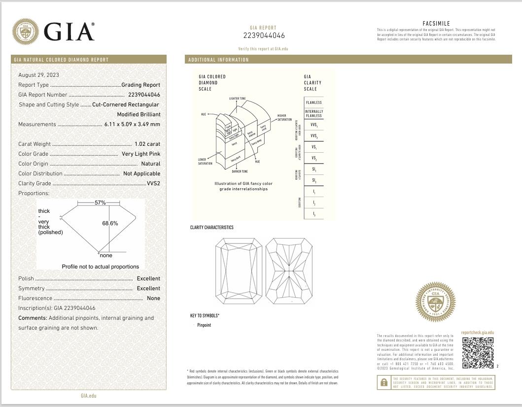 GIA Certified 1.02 Carat Very Light Pink VVS2 Clarity Diamond For Sale 1
