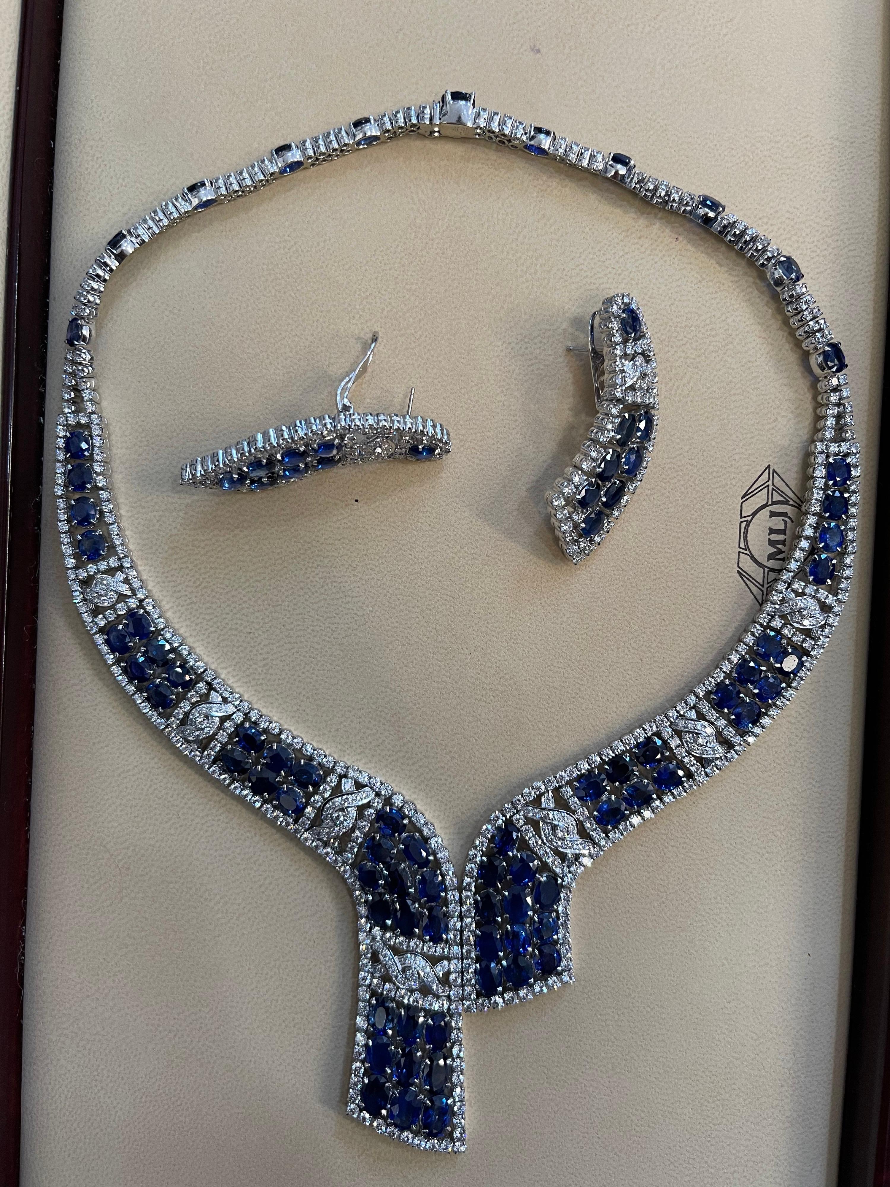 GIA Certified 102 Ct Natural Blue Sapphire & 25 Ct Diamond Necklace Suite 18 Kt 2