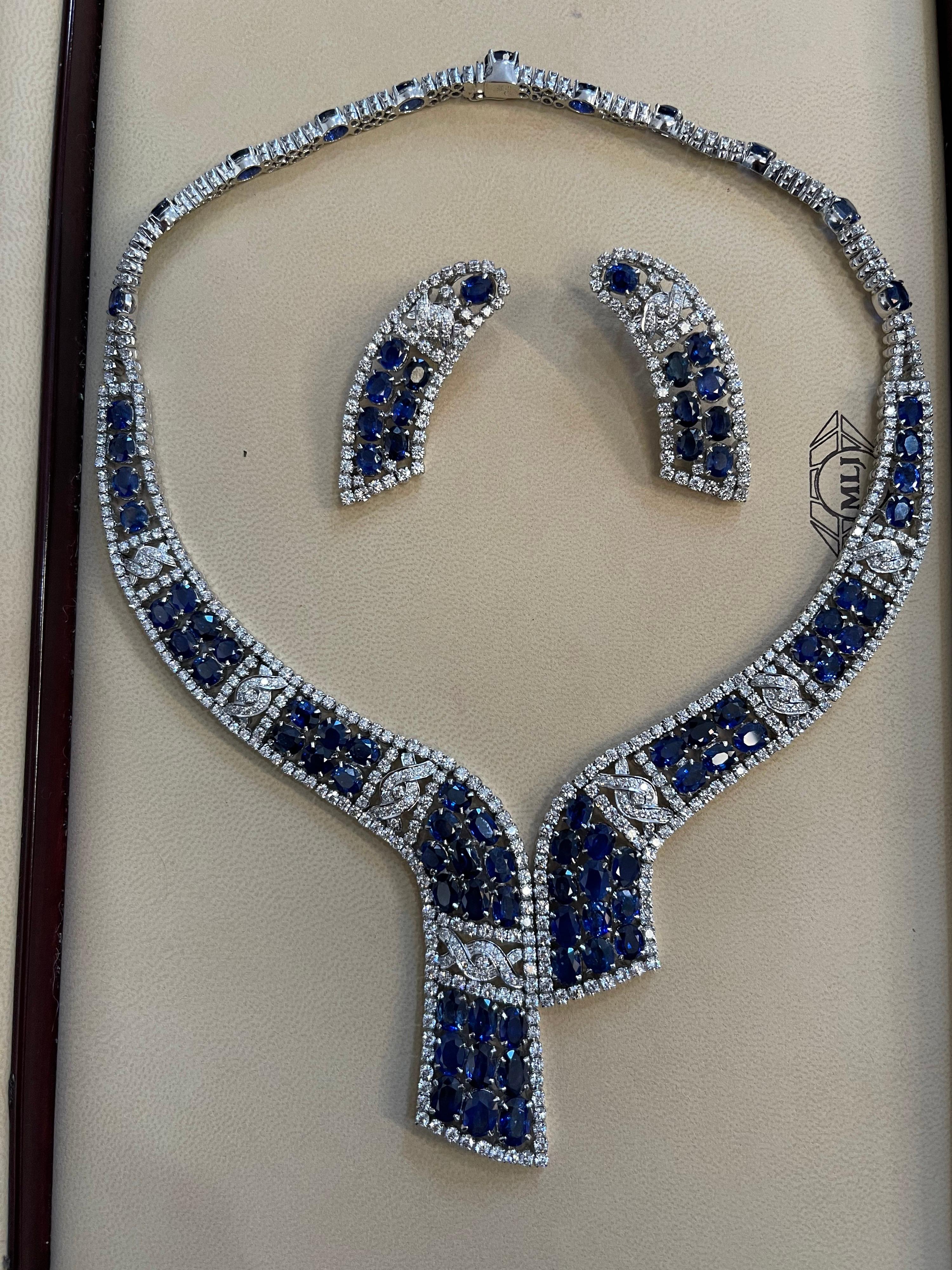 GIA Certified 102 Ct Natural Blue Sapphire & 25 Ct Diamond Necklace Suite 18 Kt 4
