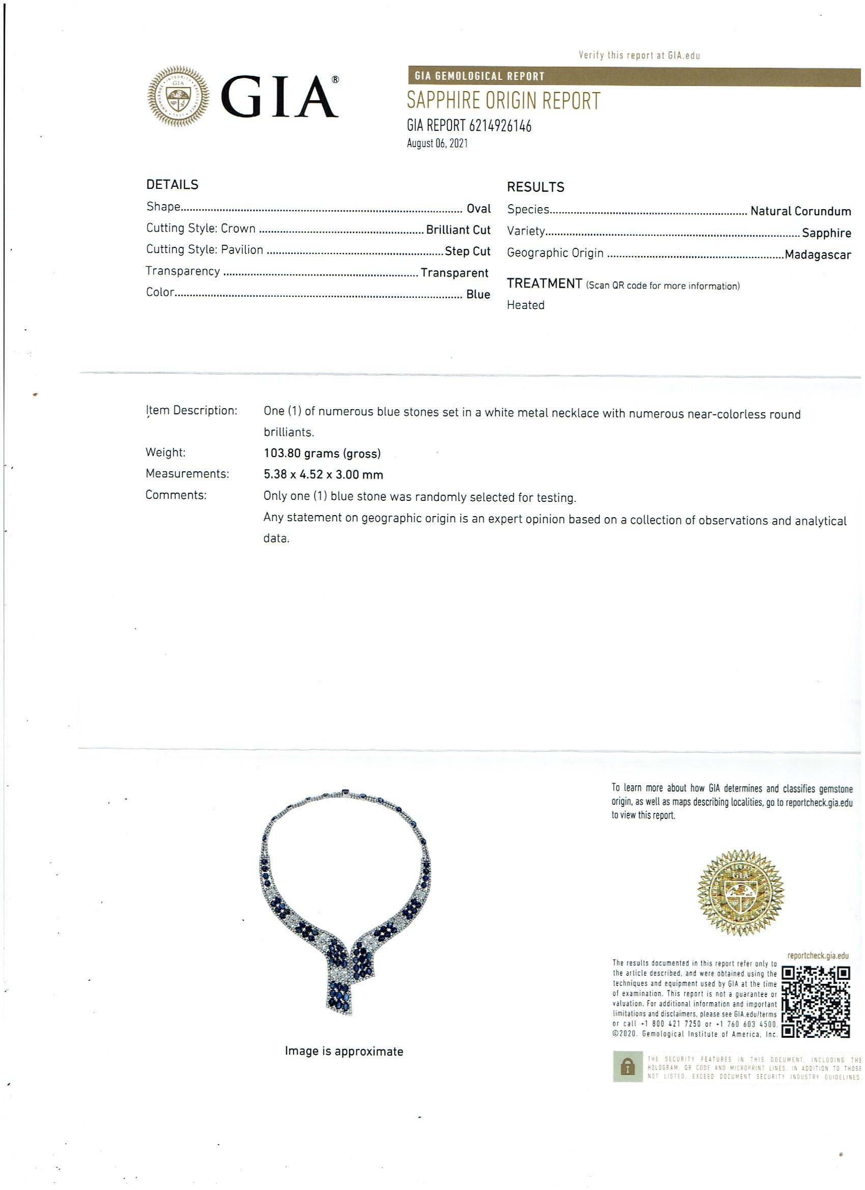GIA Certified 102 Ct Natural Blue Sapphire & 25 Ct Diamond Necklace Suite 18 Kt 12