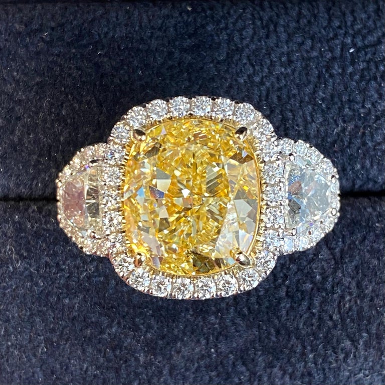 Cushion Cut Alexander GIA Certified 10.25ct Fancy Yellow Diamond Three Stone Halo Ring 18k 