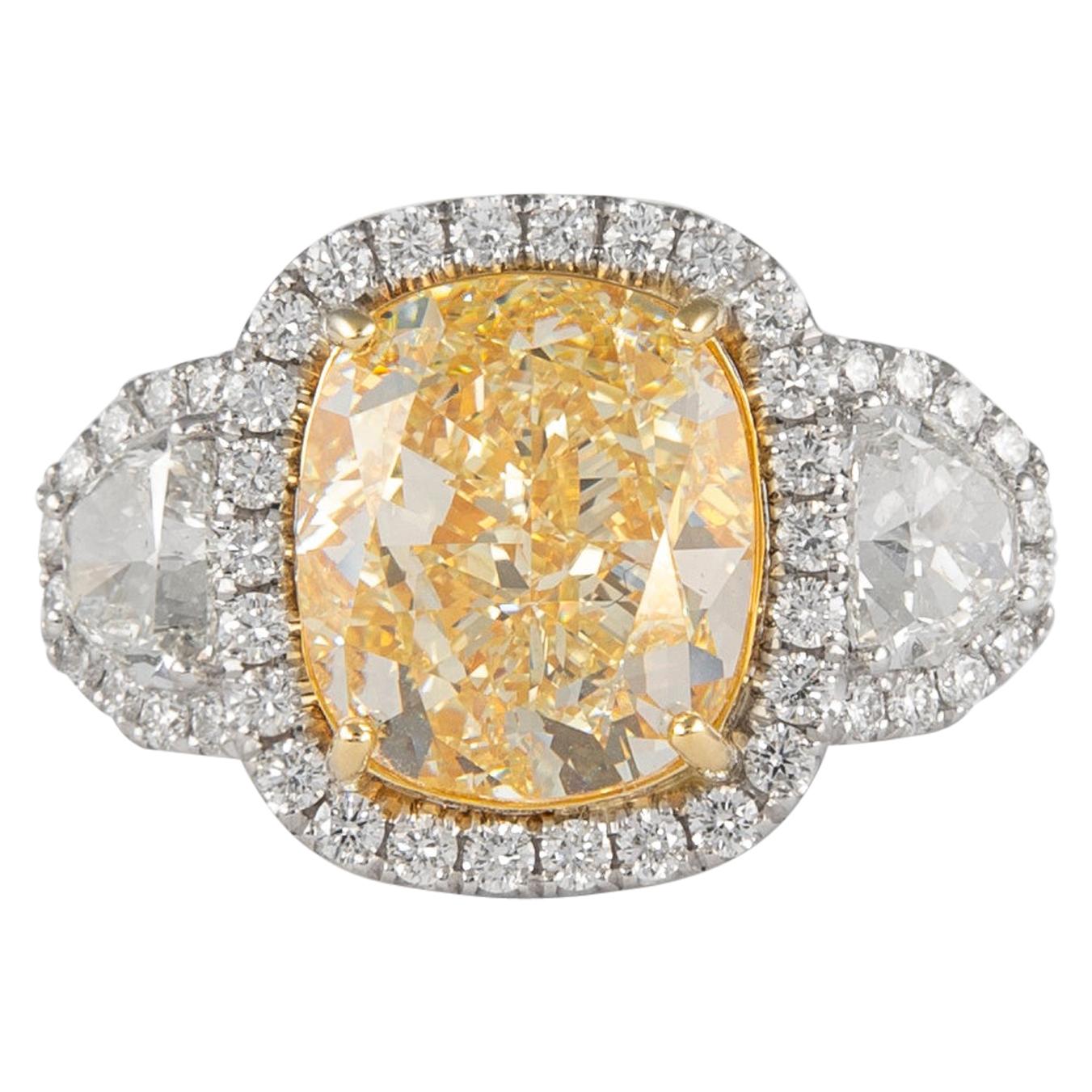 Alexander GIA Certified 10.25ct Fancy Yellow Diamond Three Stone Halo Ring 18k 