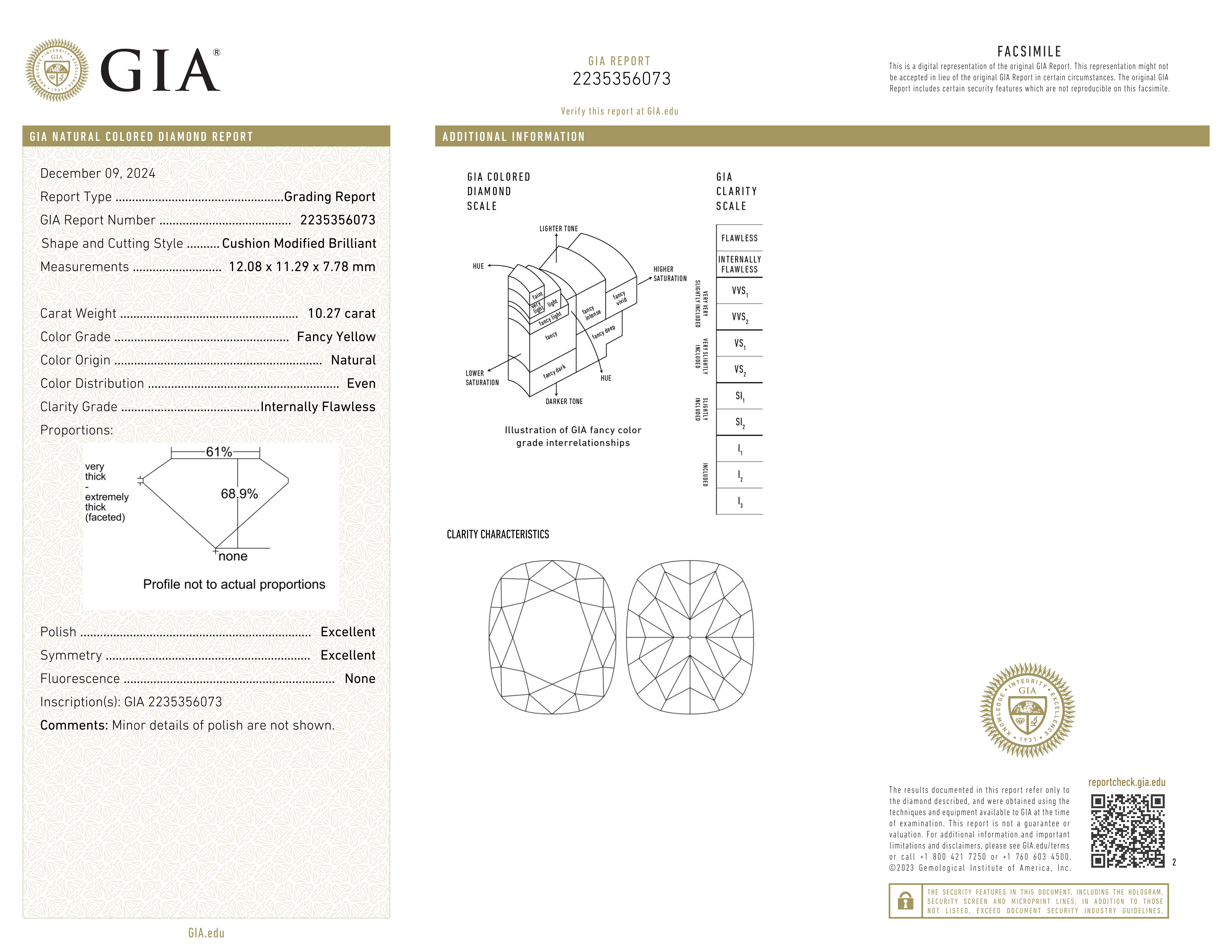 GIA Certificado 10,27 quilates Fancy Amarillo Cushion Collar Colgante Flawless Clarity Corte cojín en venta
