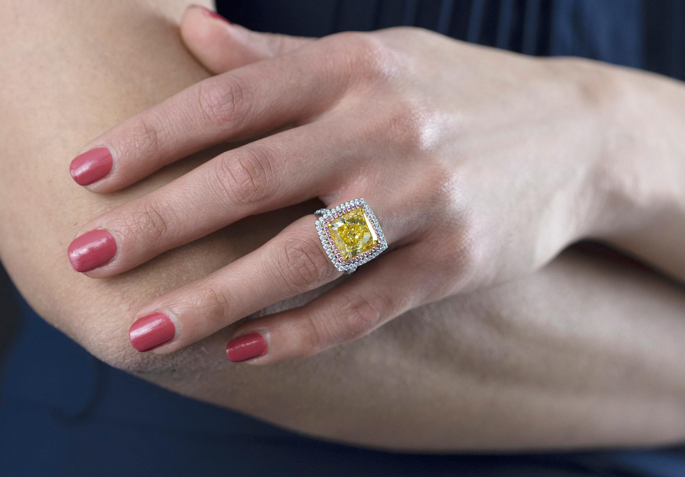 Women's GIA Certified 10.27 Carat Fancy Yellow Diamond Double Halo Engagement Ring