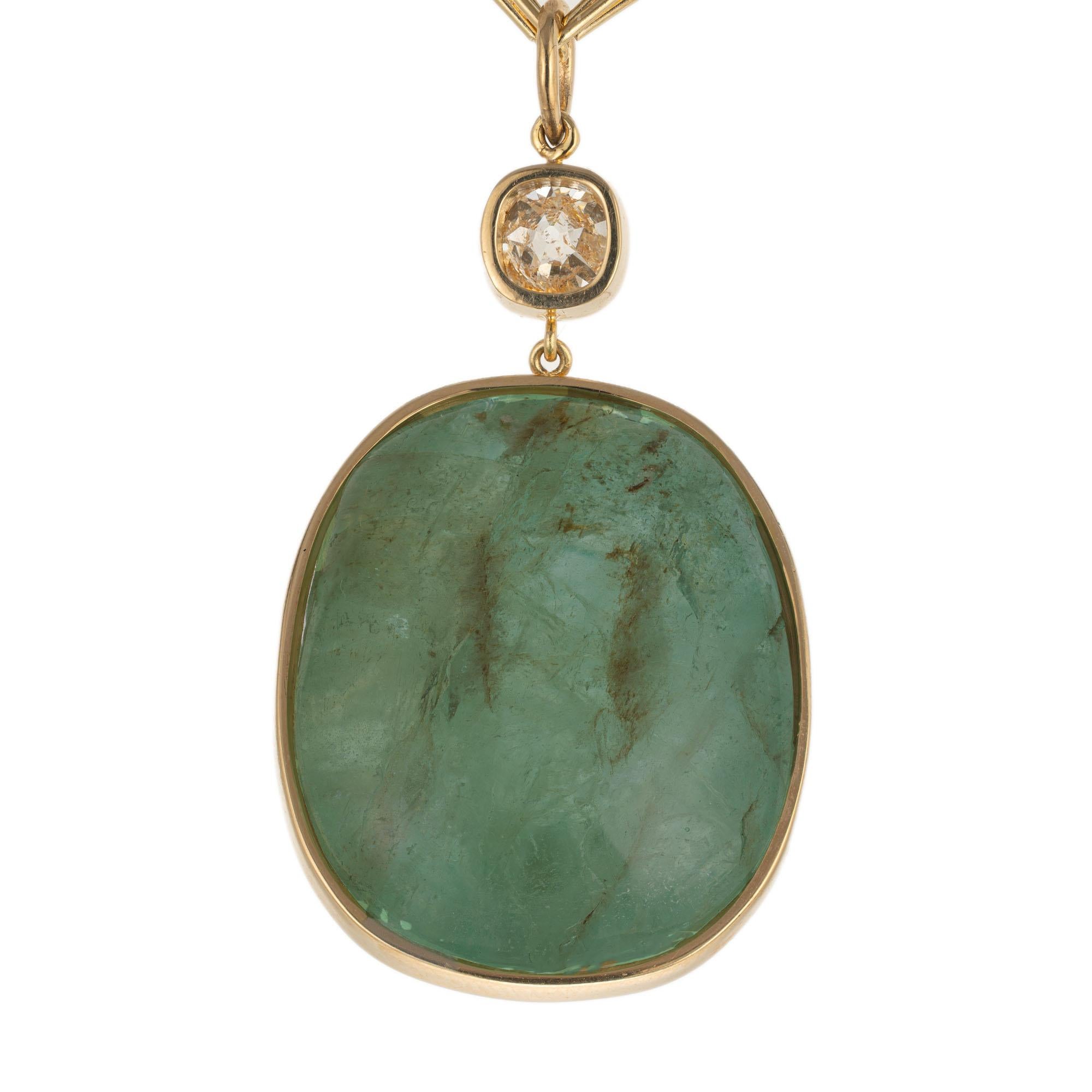 Cabochon GIA Certified 102.74 Carat Carved Mogul Emerald Diamond Gold Pendant Necklace For Sale