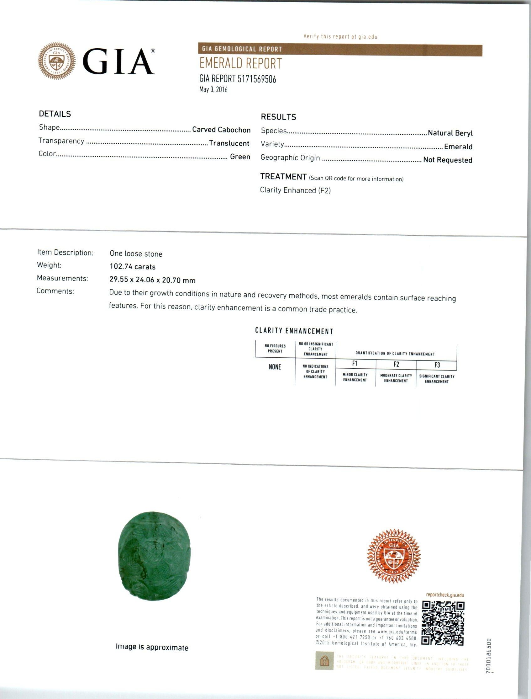 GIA Certified 102.74 Carat Carved Mogul Emerald Diamond Gold Pendant Necklace For Sale 2
