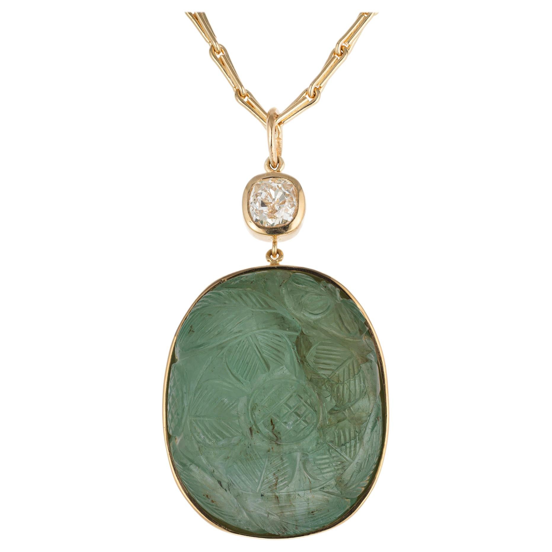 GIA Certified 102.74 Carat Carved Mogul Emerald Diamond Gold Pendant Necklace For Sale