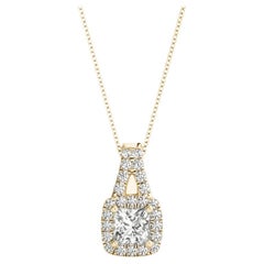 GIA Certified 1.02ct Princess Diamond Cushion Halo Gold Pendant Necklace