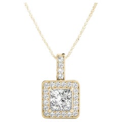 GIA Certified 1.02ct Princess Diamond Square Halo Gold Pendant Necklace GIA Certified 1.02ct Princess Diamond Square Halo Gold Pendant Necklace