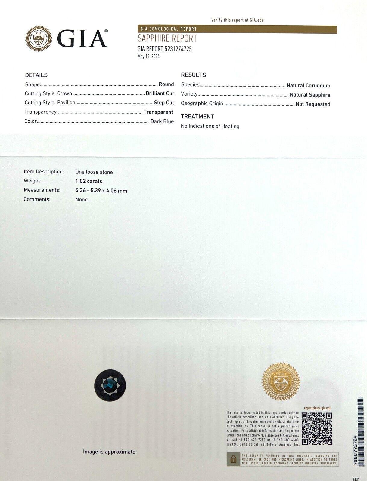 Gia Certified 1.02ct Untreated Dark Blue Sapphire Round Cut Untreated Loose Gem In New Condition For Sale In Birmingham, GB