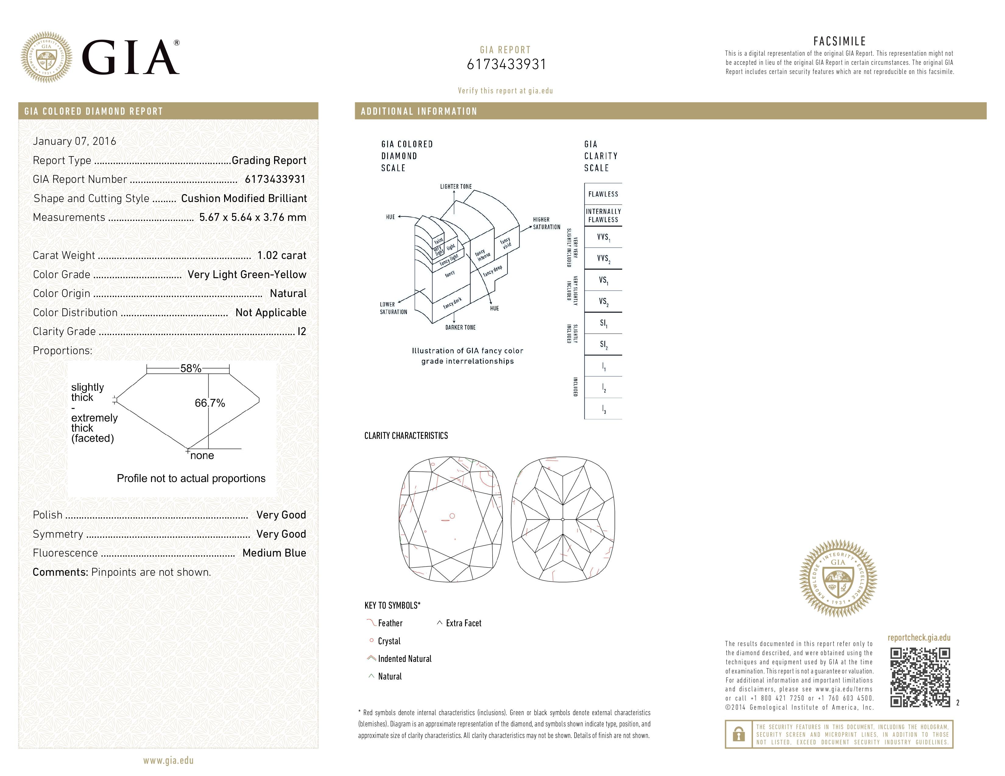 GIA Certified, 1.02ct VERY LIGHT GREEN-YELLOW, Natural Fancy colour cushion cut For Sale 3
