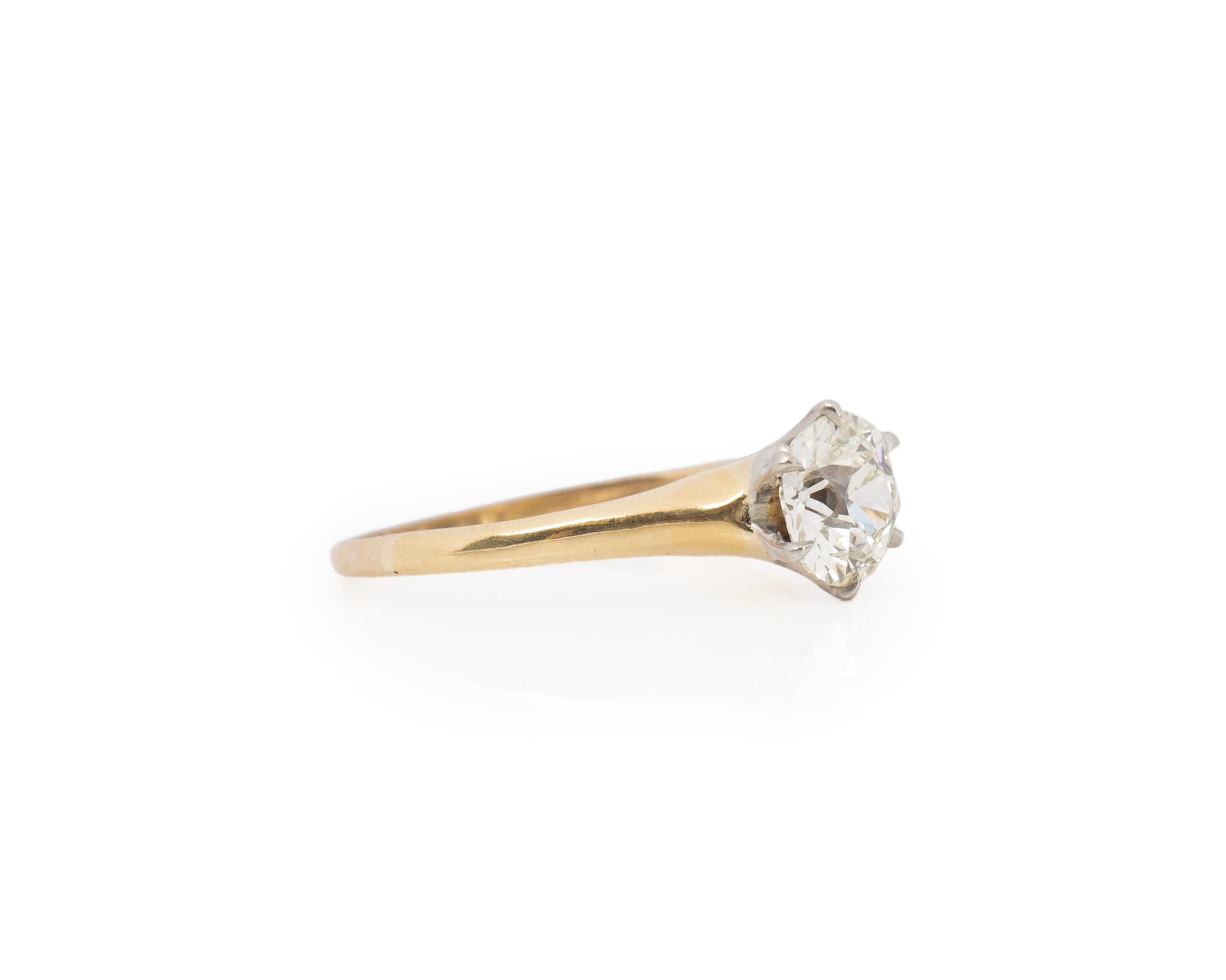 Taille de l'anneau : 6.5
Type de métal : Or jaune 14 carats et platine [poinçonnés et testés].
Poids : 2,6 grammes

Détails du diamant central :
RAPPORT DE LABORATOIRE GIA # : 6223825114
Poids : 1,03ct
Coupe : Vieux brillant européen
Couleur :