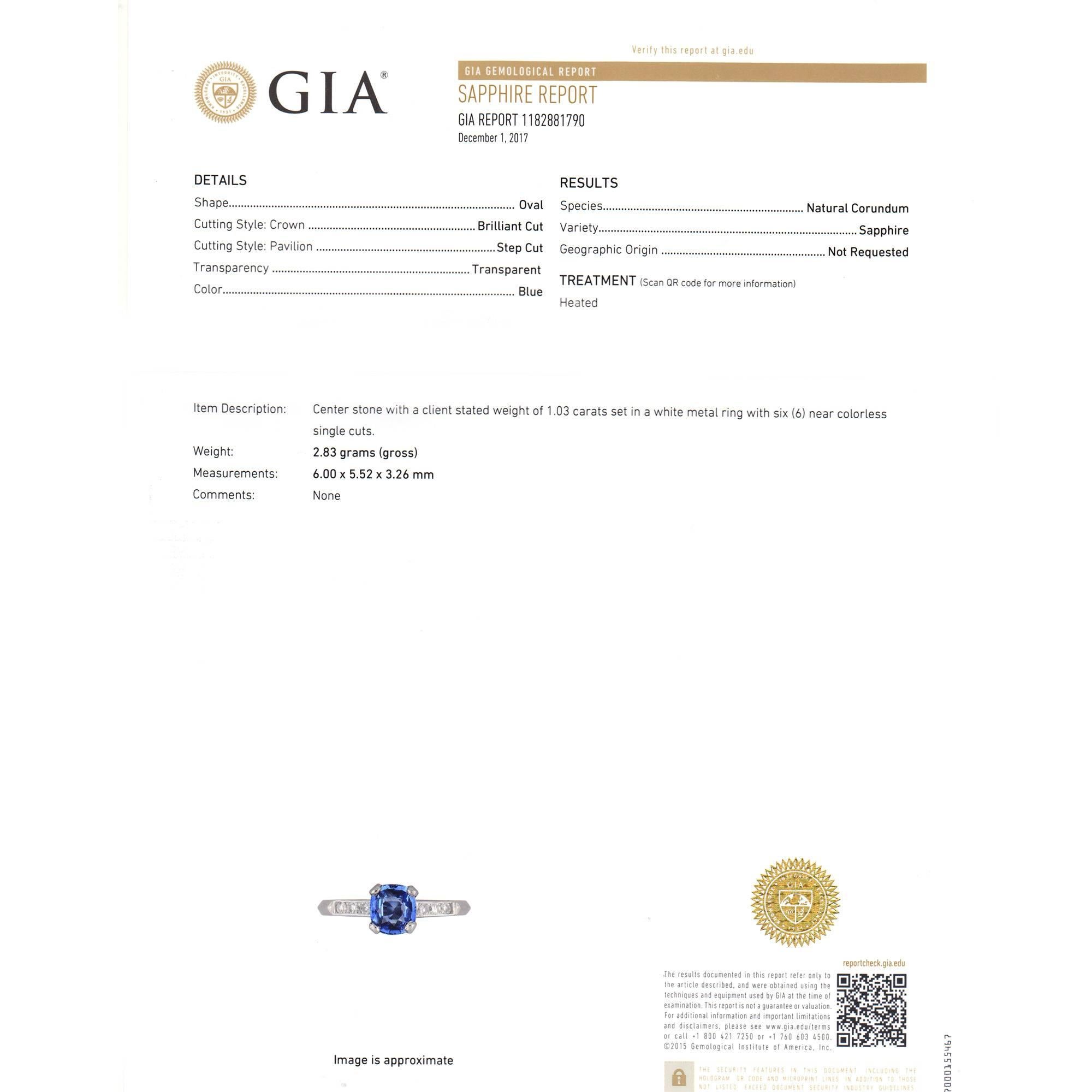 GIA Certified 1.03 Carat Blue Sapphire Diamond Platinum Engagement Ring For Sale 2