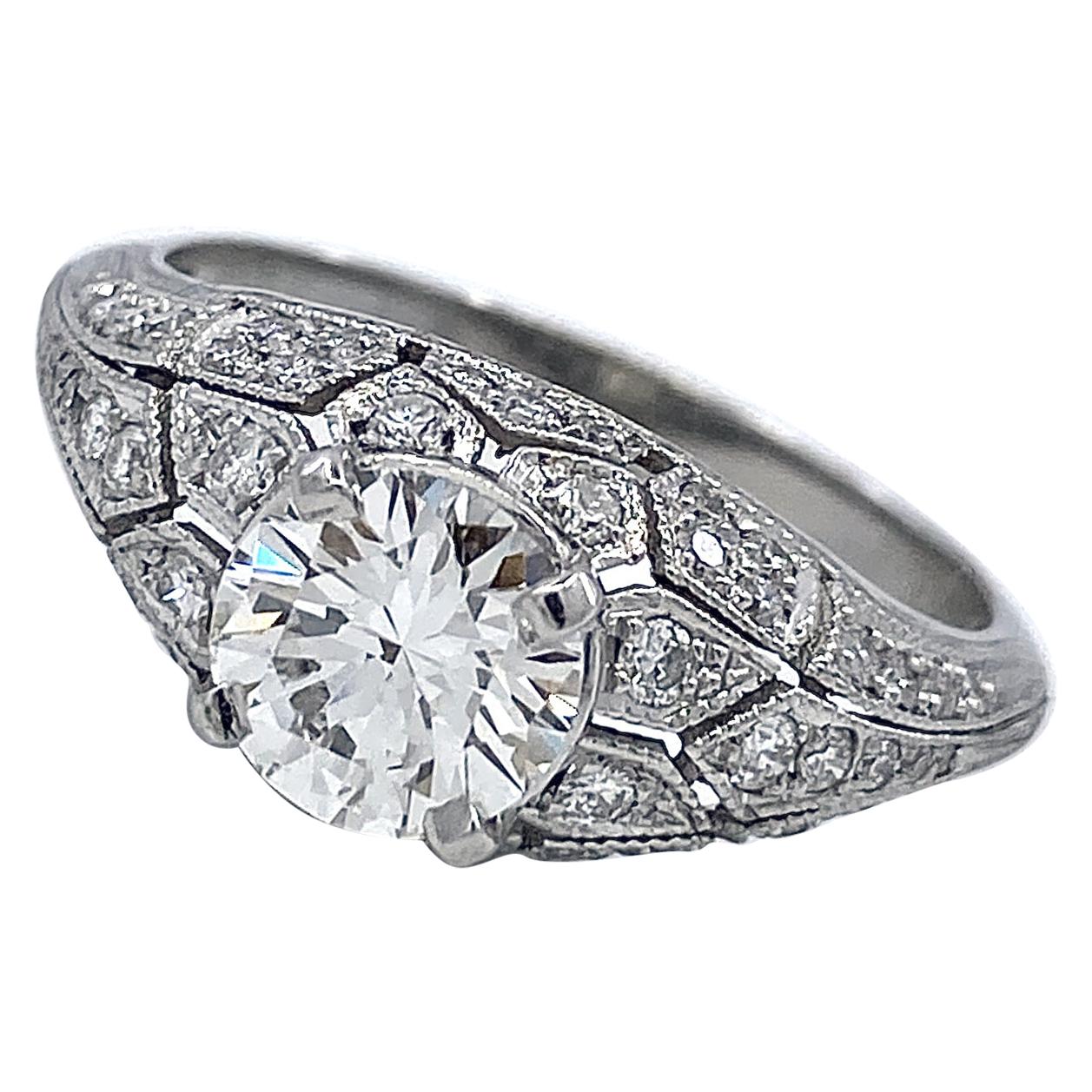 GIA Certified H/VS2 1.03 Carat Diamond in Bombe Edwardian-Style Platinum Ring For Sale