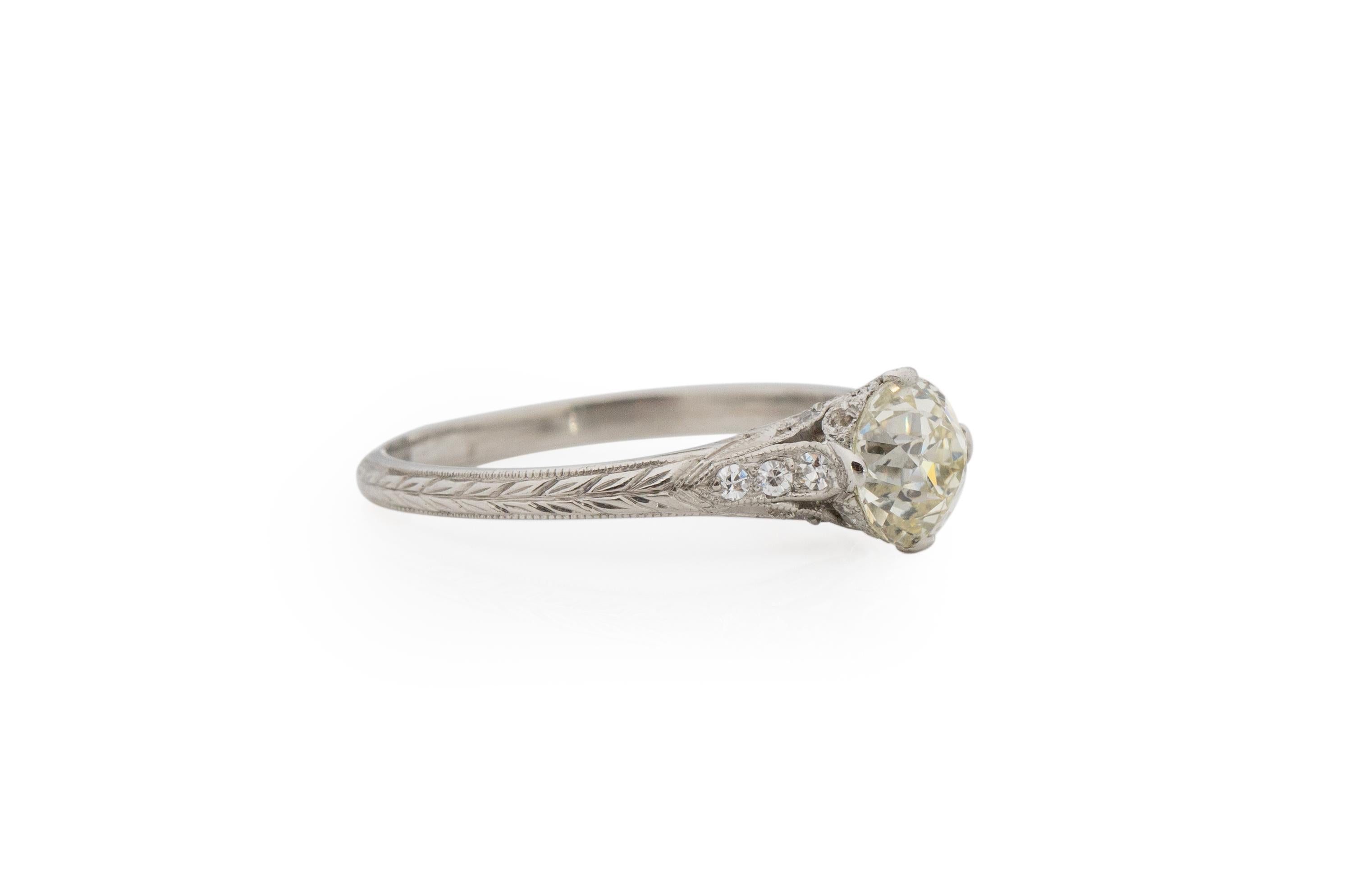 Ring Size: 6.75
Metal Type: Platinum [Hallmarked, and Tested]
Weight: 3.0 grams

Center Diamond Details:
GIA REPORT #: 1216552059
Weight: 1.03 carat
Cut: Old European brilliant
Color: M
Clarity: VVS2
Measurements: 6.23mm x 6.16mm x 4.33

Side Stone