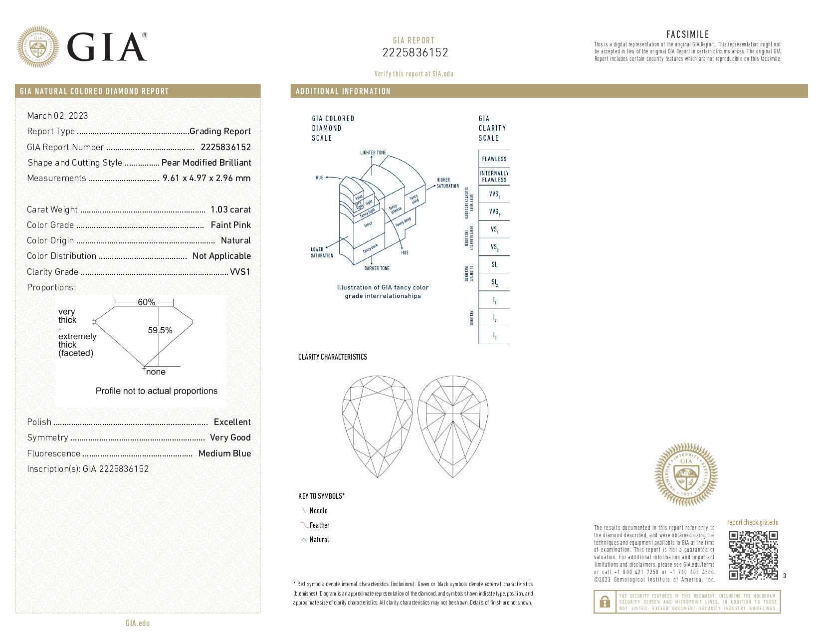 GIA Certified 1.03 Carat Faint Pink VVS1 Clarity Diamond For Sale 1