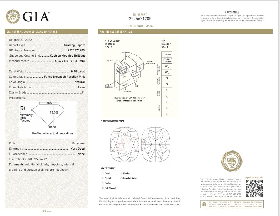 GIA Certified 0.70 Carat Fancy Brownish Purplish Pink I1 Clarity Diamond For Sale 1