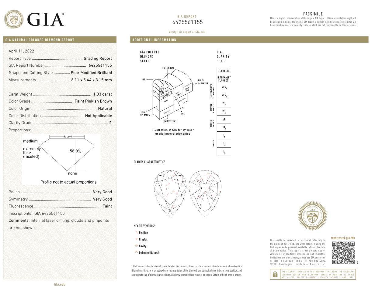 GIA Certified 1.03 Carat Faint Pinkish Brown I1 Clarity Diamond Ring For Sale 1