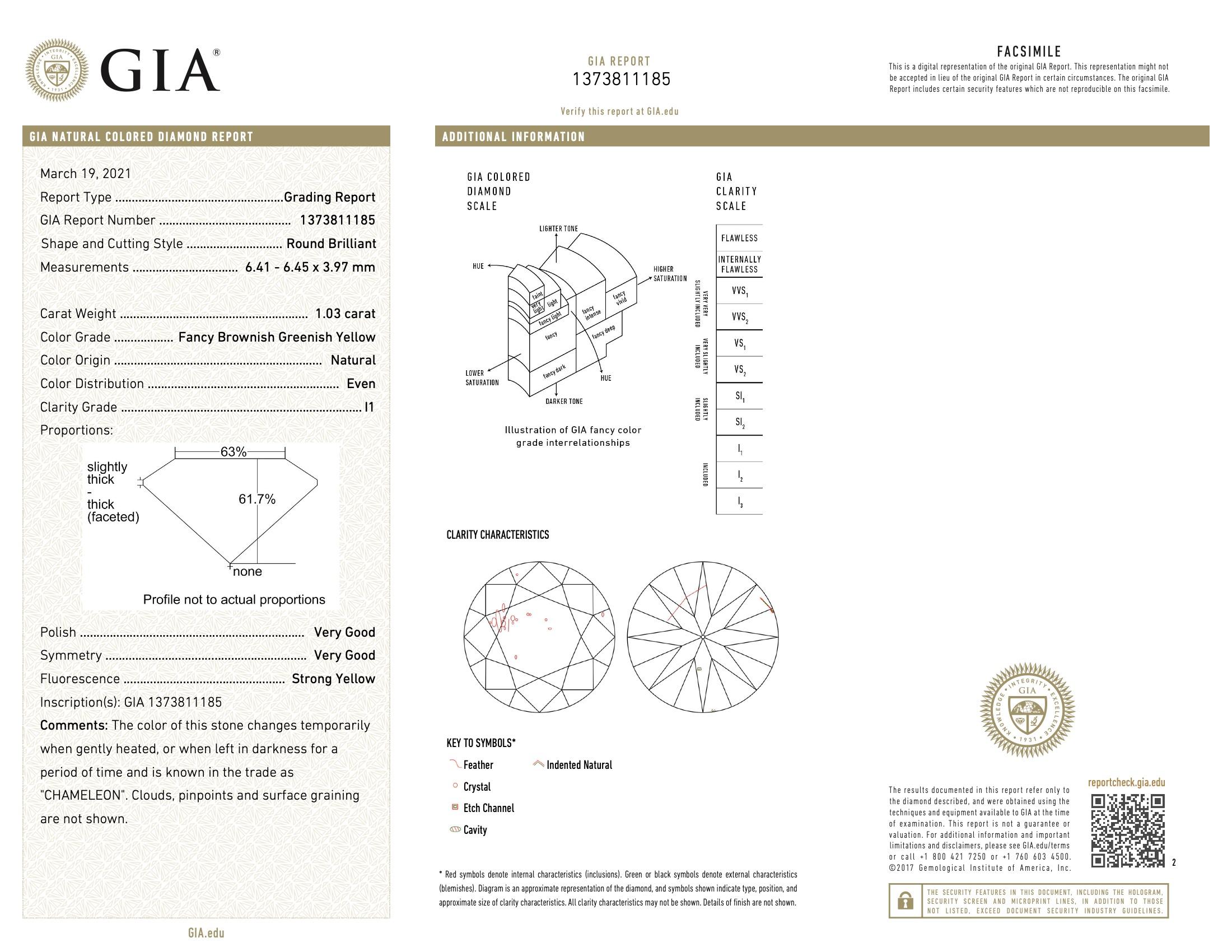 Diamante certificado por el GIA de 1,03 quilates de color amarillo verdoso parduzco de fantasía y claridad I1 en venta 1
