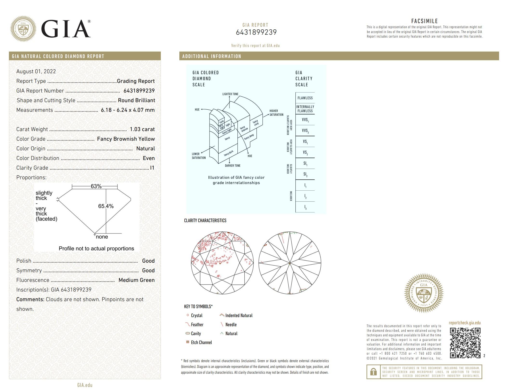 Diamante certificato GIA da 1,03 carati, di colore giallo brunastro e chiarezza I1 in vendita 1