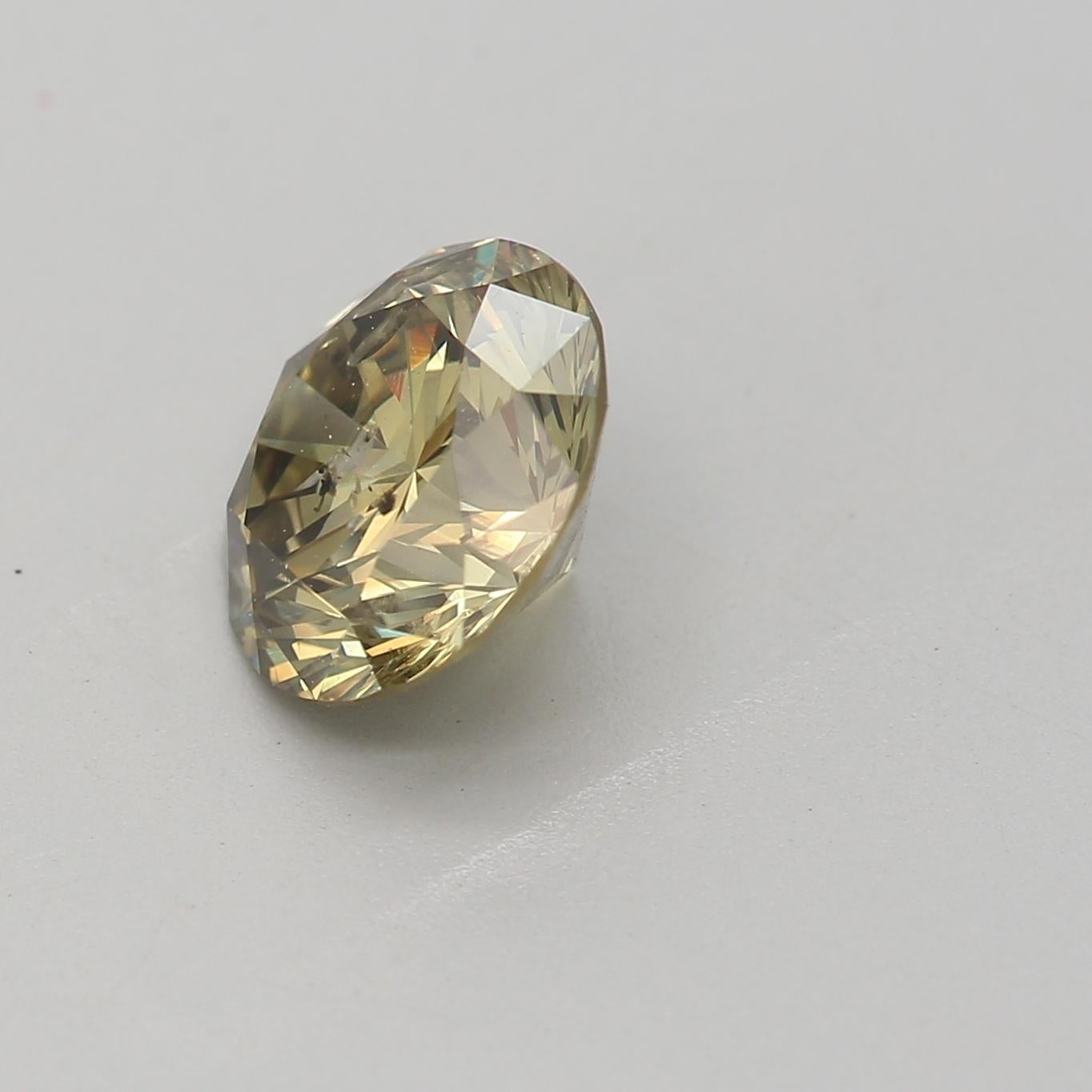 Round Cut GIA Certified 1.03 Carat Fancy Dark Brown Greenish Yellow I2 Clarity Diamond For Sale