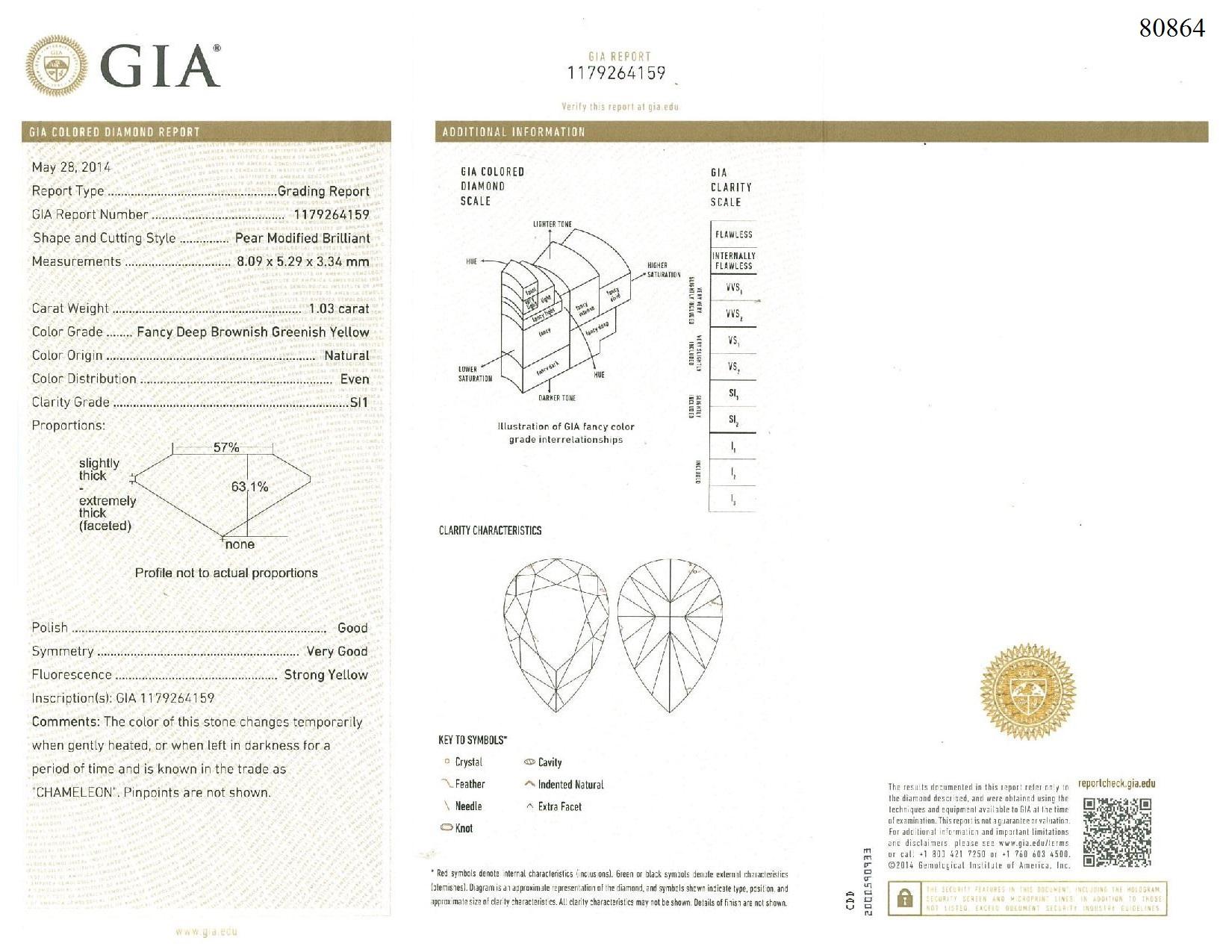 GIA Certified 1.03 Carat Fancy Deep Brownish Greenish Yellow Diamond Ring For Sale 7
