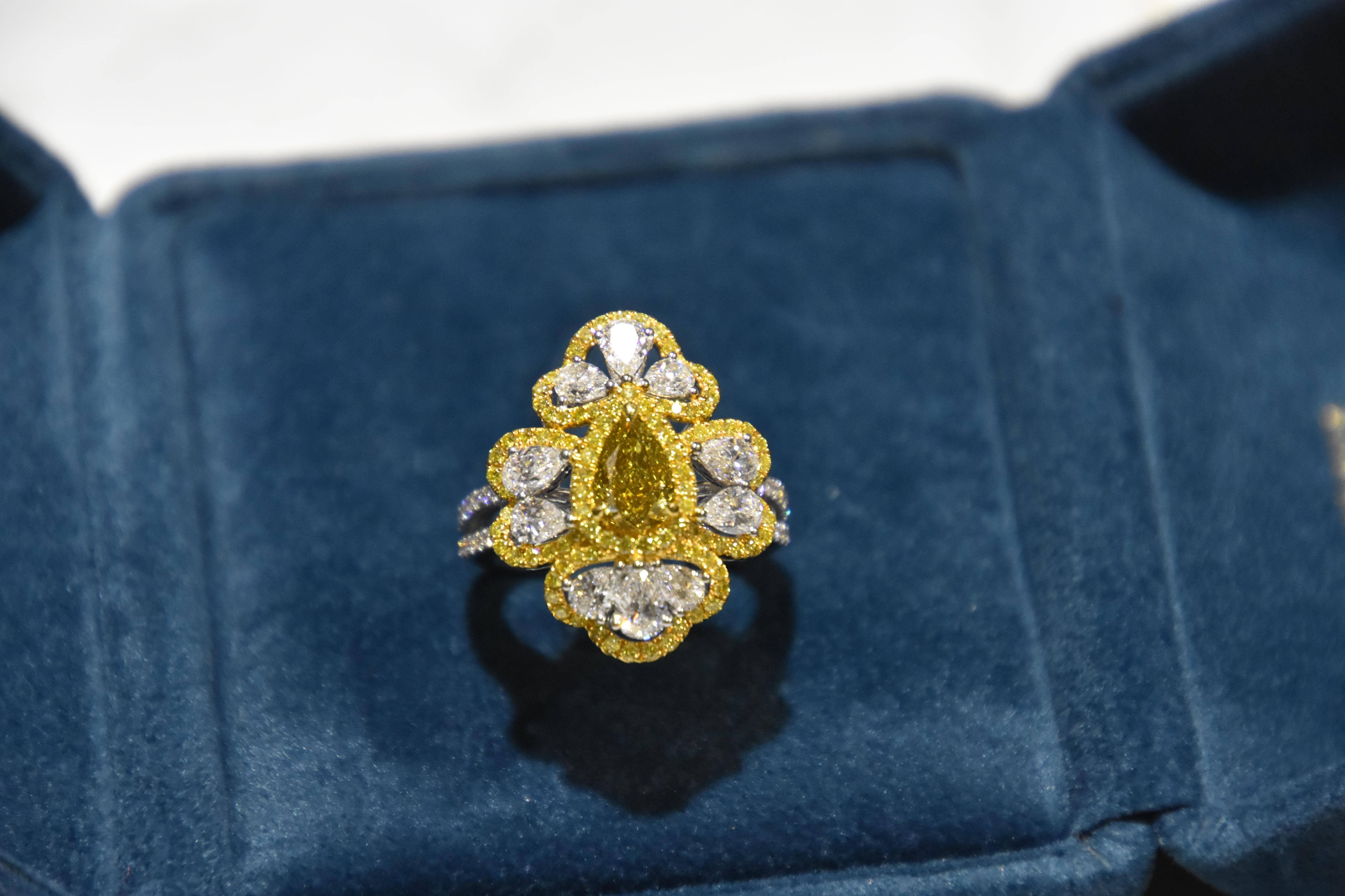 Pear Cut GIA Certified 1.03 Carat Fancy Deep Brownish Greenish Yellow Diamond Ring For Sale