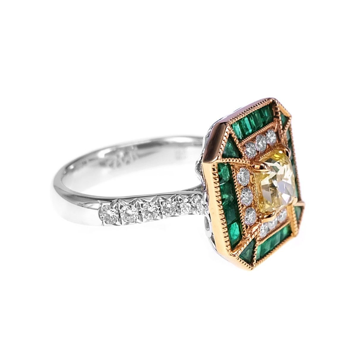 A GIA certified 1.03 carat Fancy Intense Yellow diamond is set along with 0.71 carats of Vivid Green Emerald and 0.41 carats of white round brilliant diamond. The details of the ring are mentioned below:
Color: F
Clarity: Vs
Ring Size: US 6
Ring
