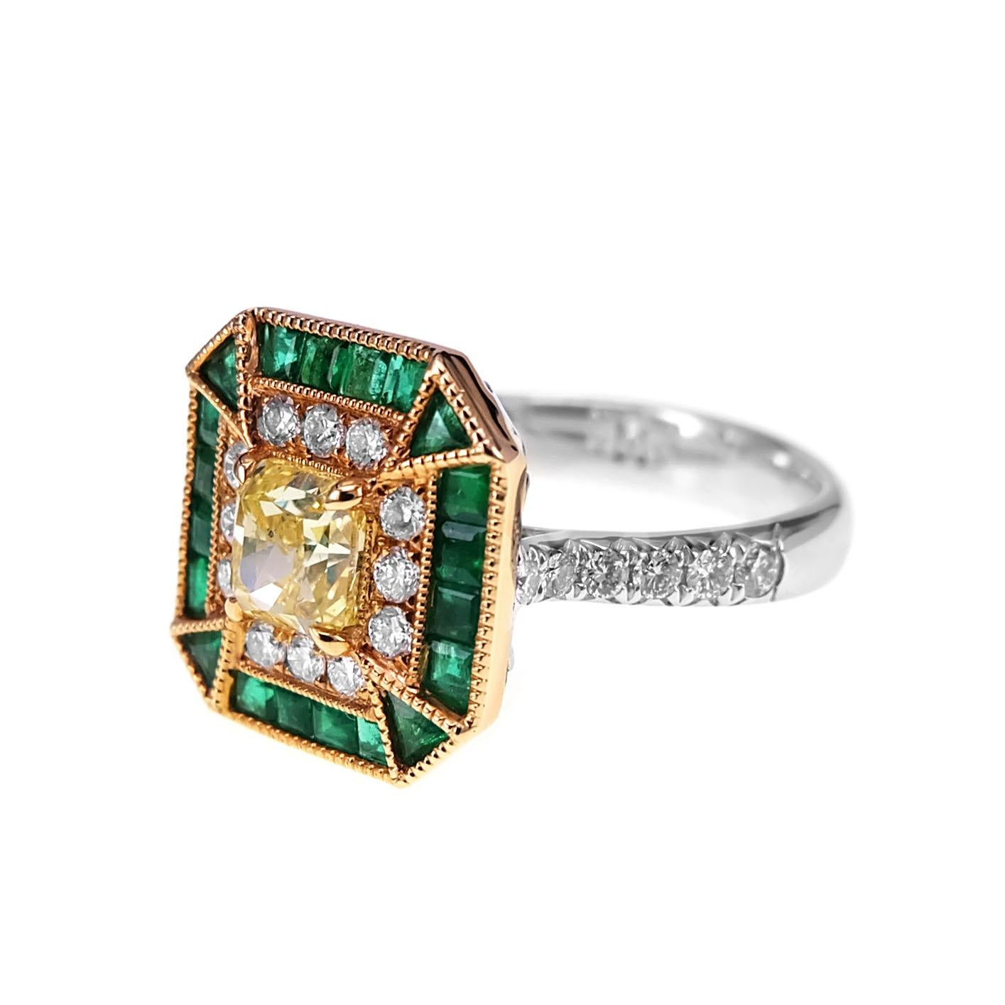 Art Deco GIA Certified 1.03 Carat Fancy Intense Yellow and Emerald Unique Design Ring For Sale