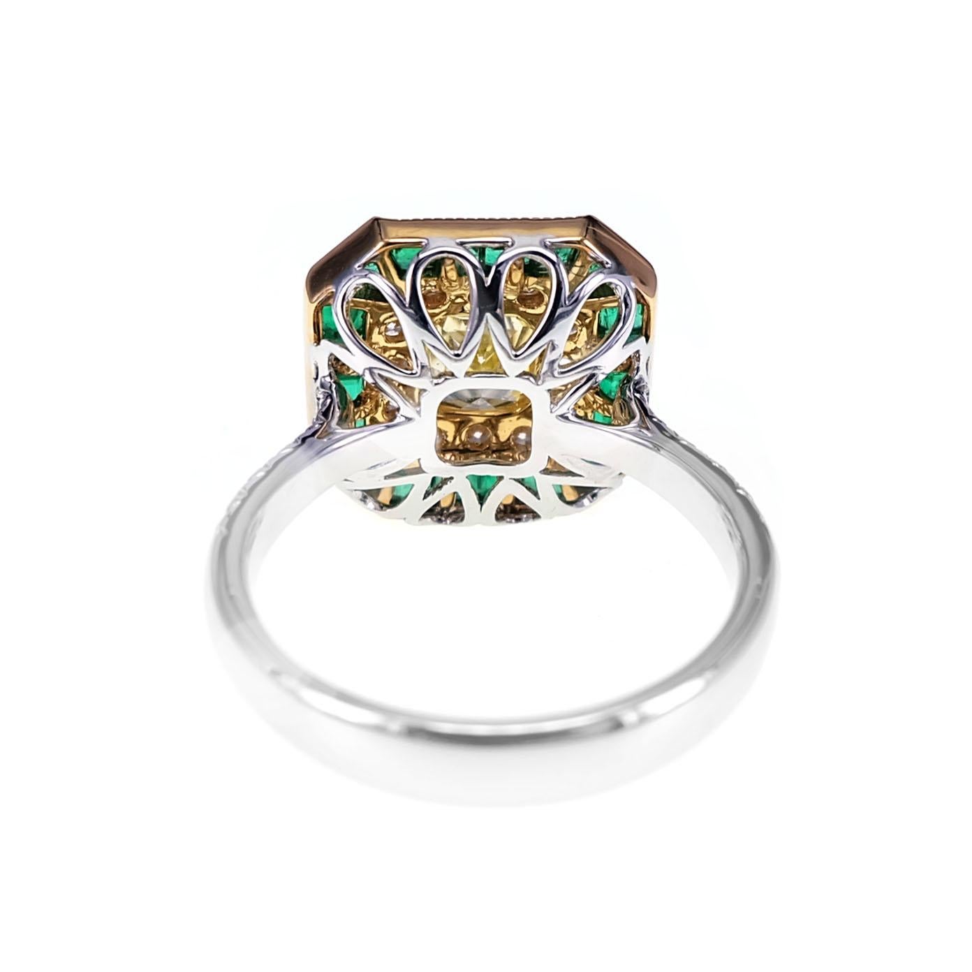 Cushion Cut GIA Certified 1.03 Carat Fancy Intense Yellow and Emerald Unique Design Ring For Sale