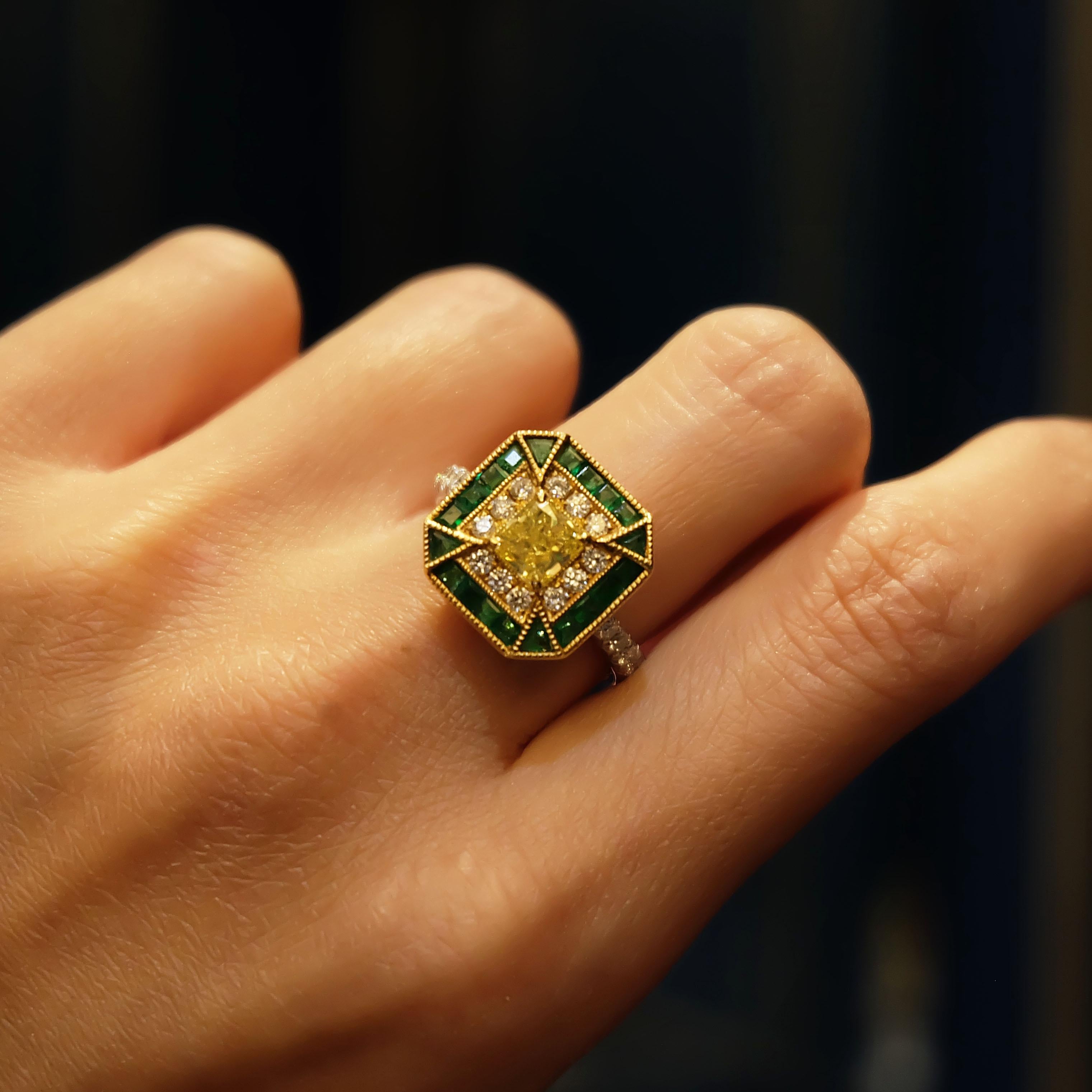 Women's GIA Certified 1.03 Carat Fancy Intense Yellow and Emerald Unique Design Ring For Sale